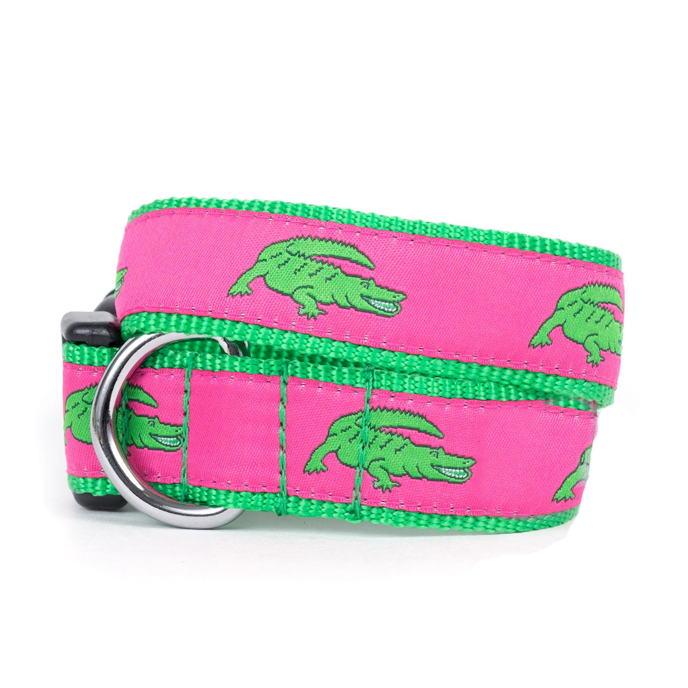 The Worthy Dog Pink Alligator Collar with metal d-ring and plastic clasp. Green nylon with bright colored green gators on pink ribbon .