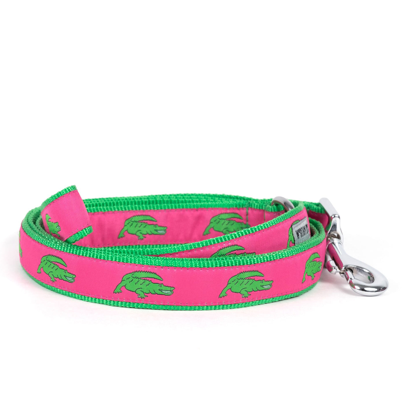 The Worthy Dog Pink Alligator Lead with metal d-ring and clasp. Green nylon with bright colored green gators on pink ribbon .