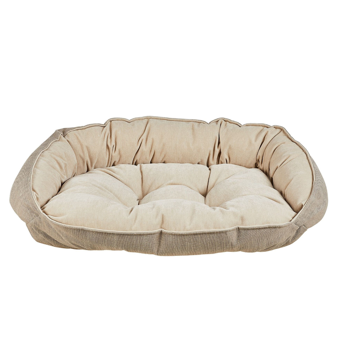 dog bed with bolster on 3 sides, lower front for easy entry