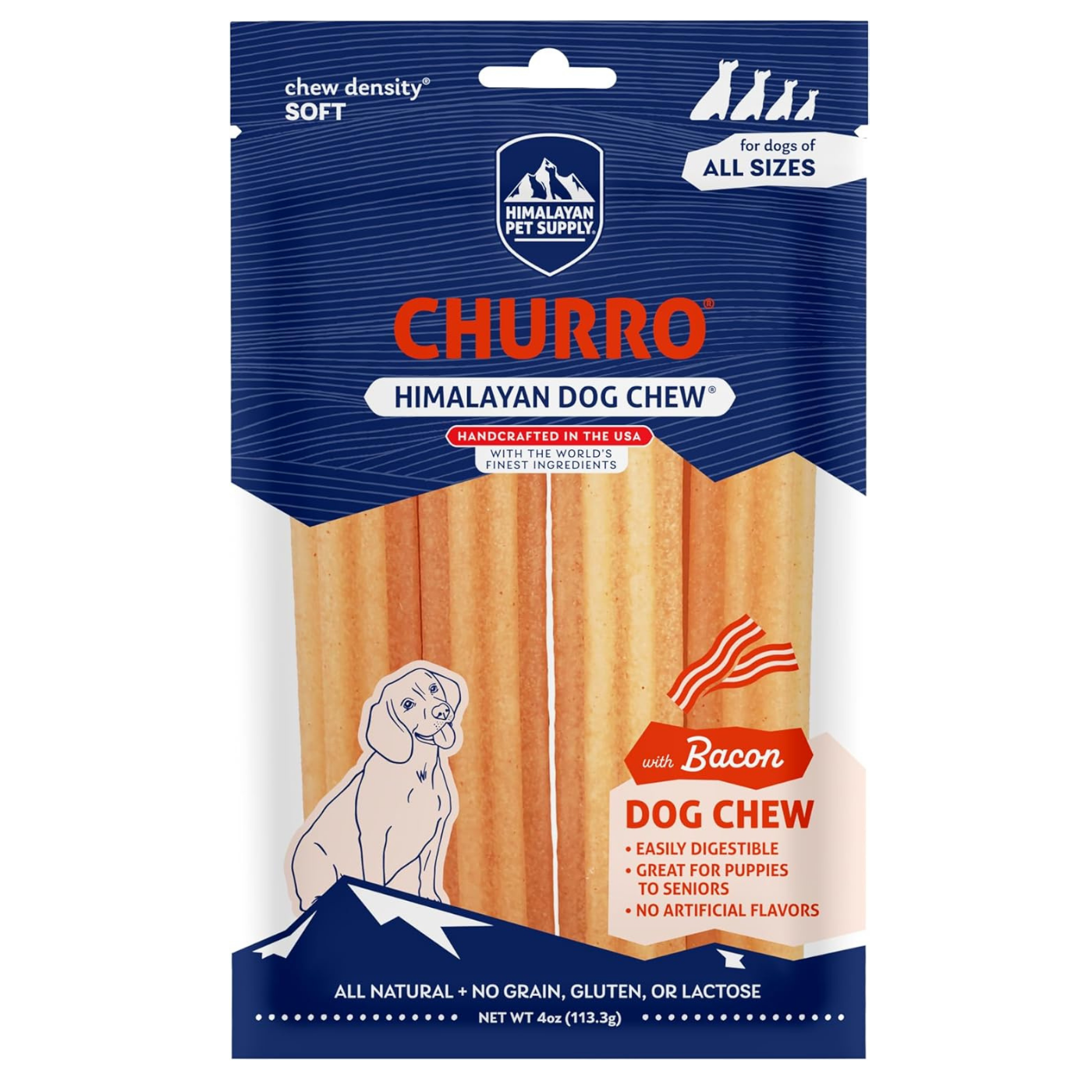 A package of Himalayan Pet Supply Churro dog chew treats with bacon flavor, featuring a blue and white bag with a clear window showing the beige-colored cylindrical churros inside.