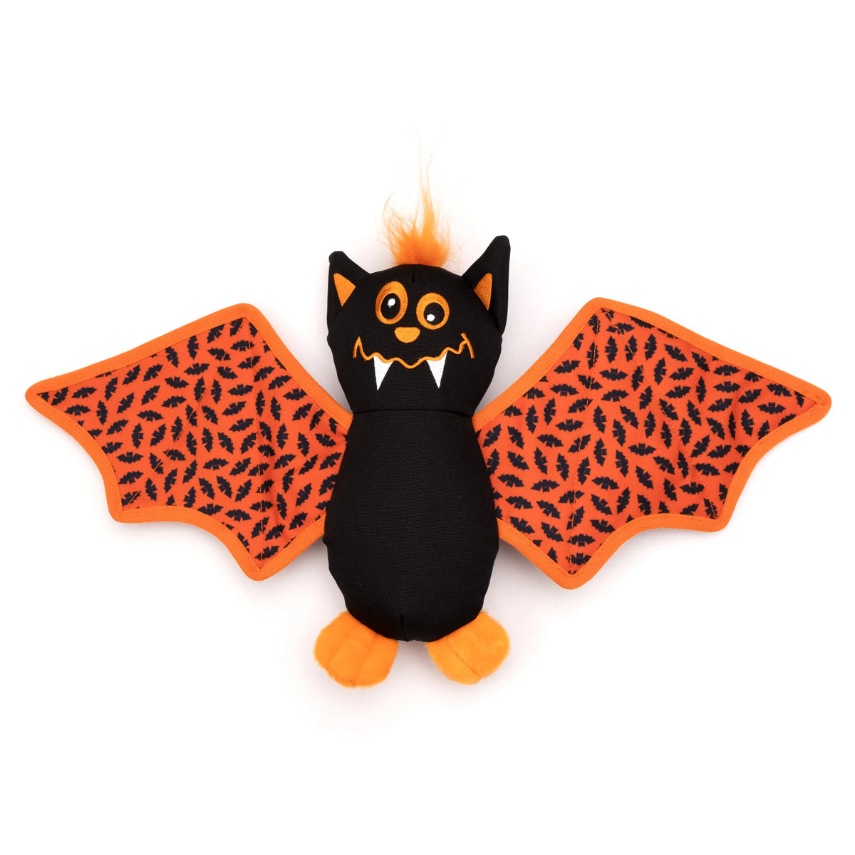 A plush bat toy with a black body, orange wings patterned with small black bats, orange feet, and orange hair on a white background.