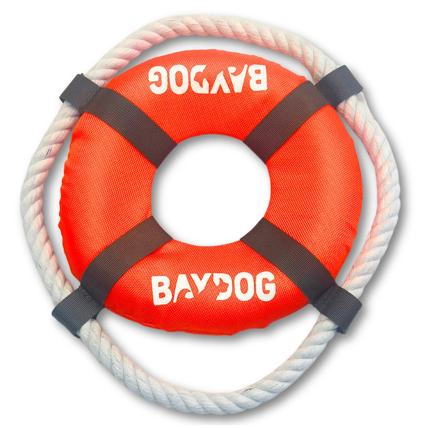 BAYDOG Fetch Ring with Rope pet toy in orange and white