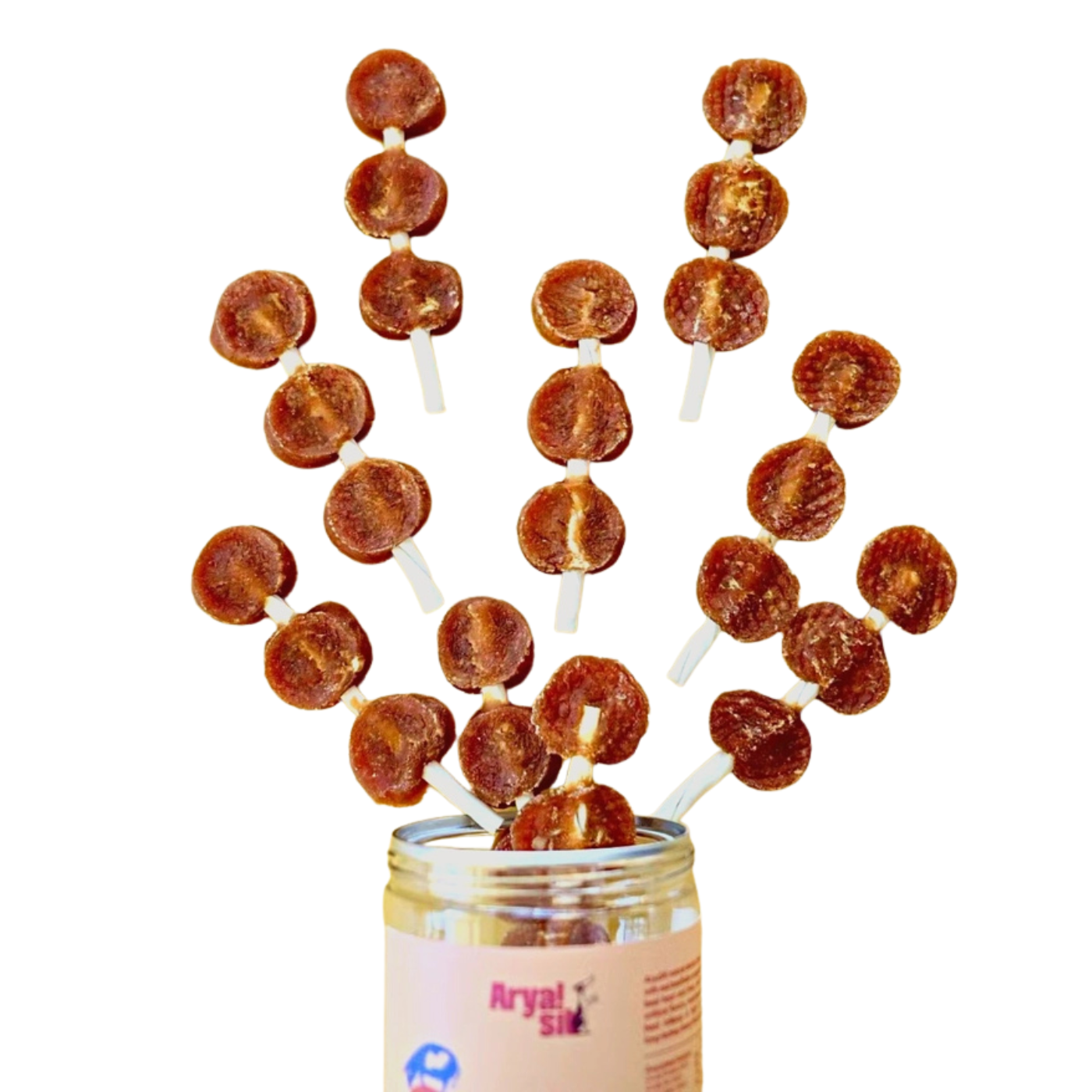 A jar of beef lollipops on a white background. The clear glass jar has a pink label, and multiple caramel-coated lollipops with white sticks are arranged above it.