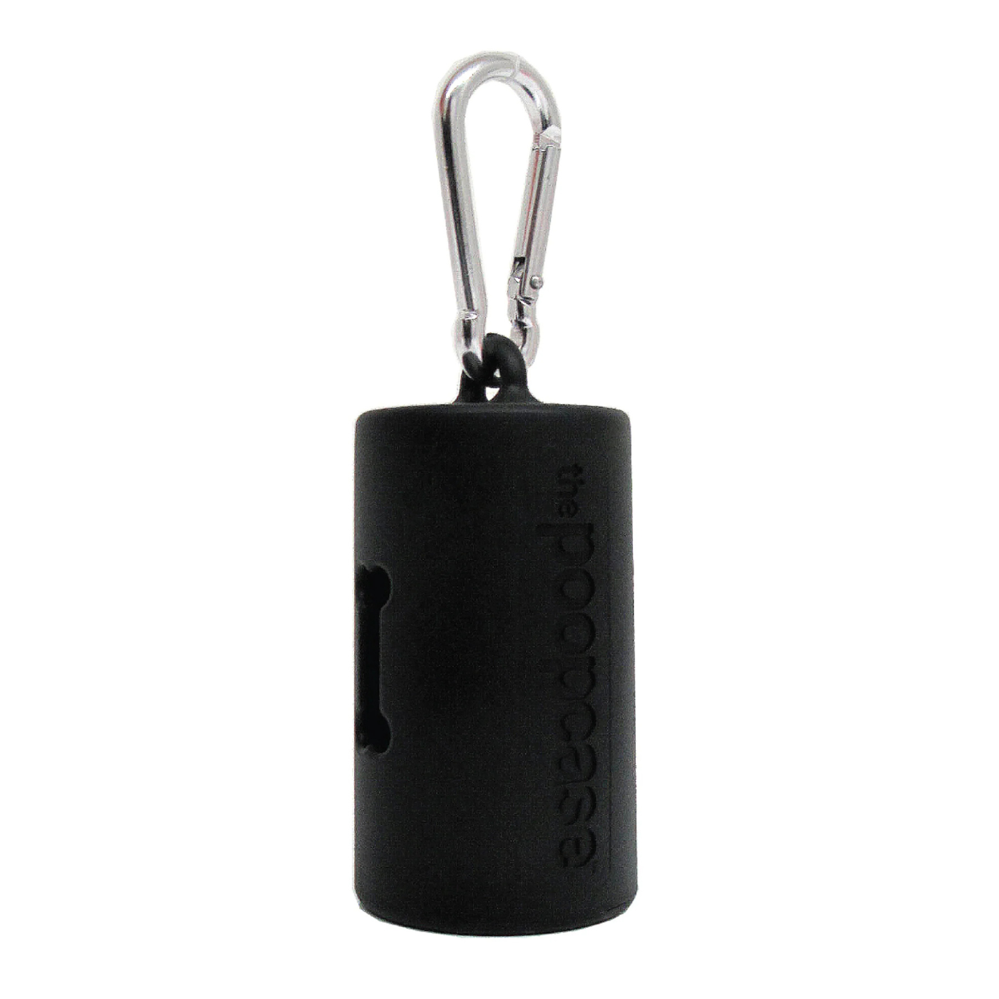 A black cylindrical rubber strap or loop with a silver metal carabiner attached at the top, shown on a plain white background. The brand name 'the pocket lab' is embossed vertically on the side.