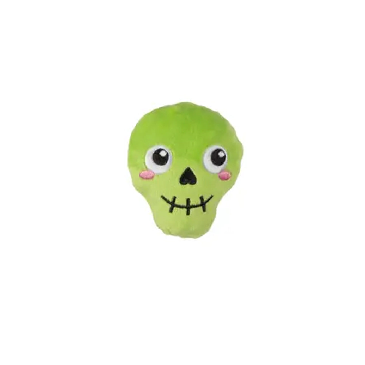Mini lime green plush skeleton head squeaker dog toy.