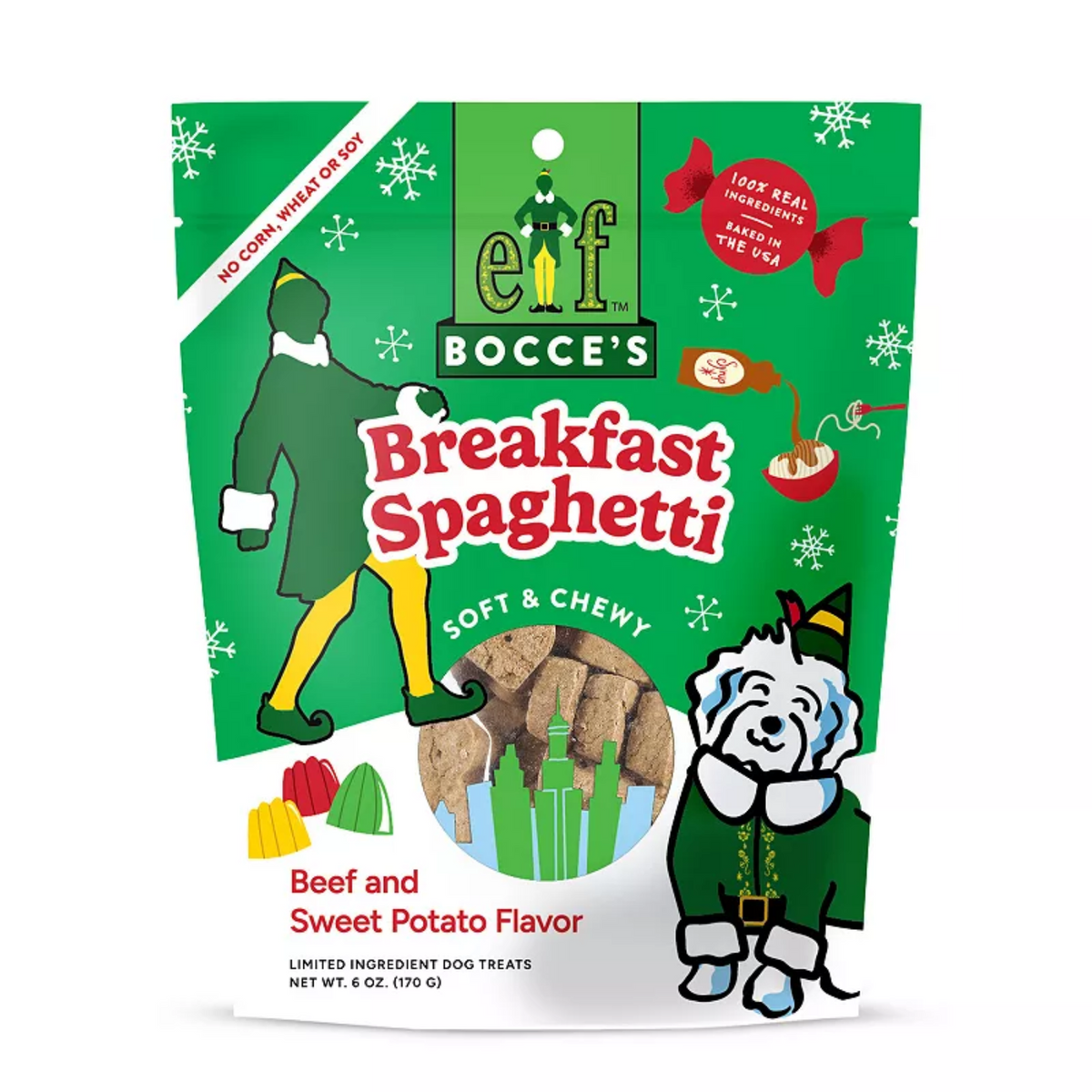 Bocce's Breakfast Spaghetti soft & chewy dog treats in a green stand-up pouch with holiday illustrations, including an elf, a dog in a Santa suit, and spaghetti and cheese graphics.