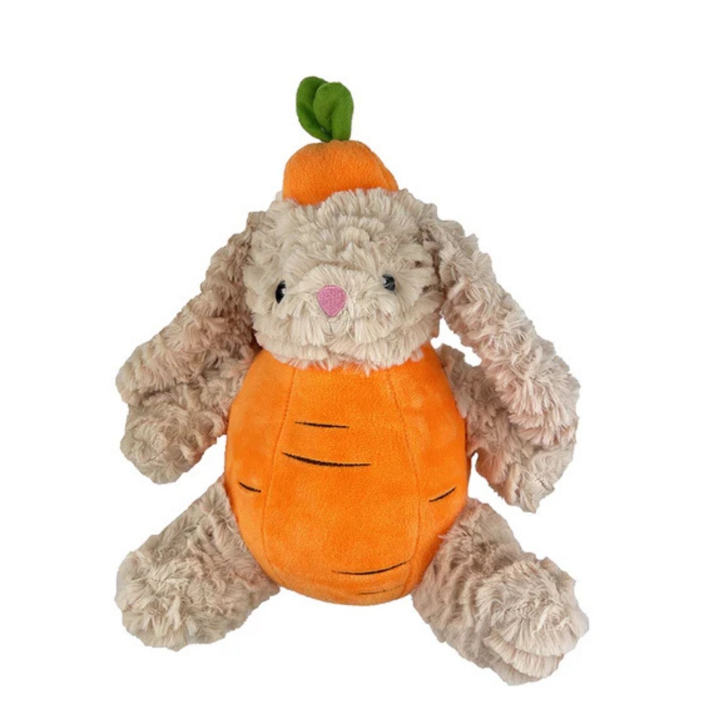 Stuffed Tan rabbit dog toy dressed as a carrot