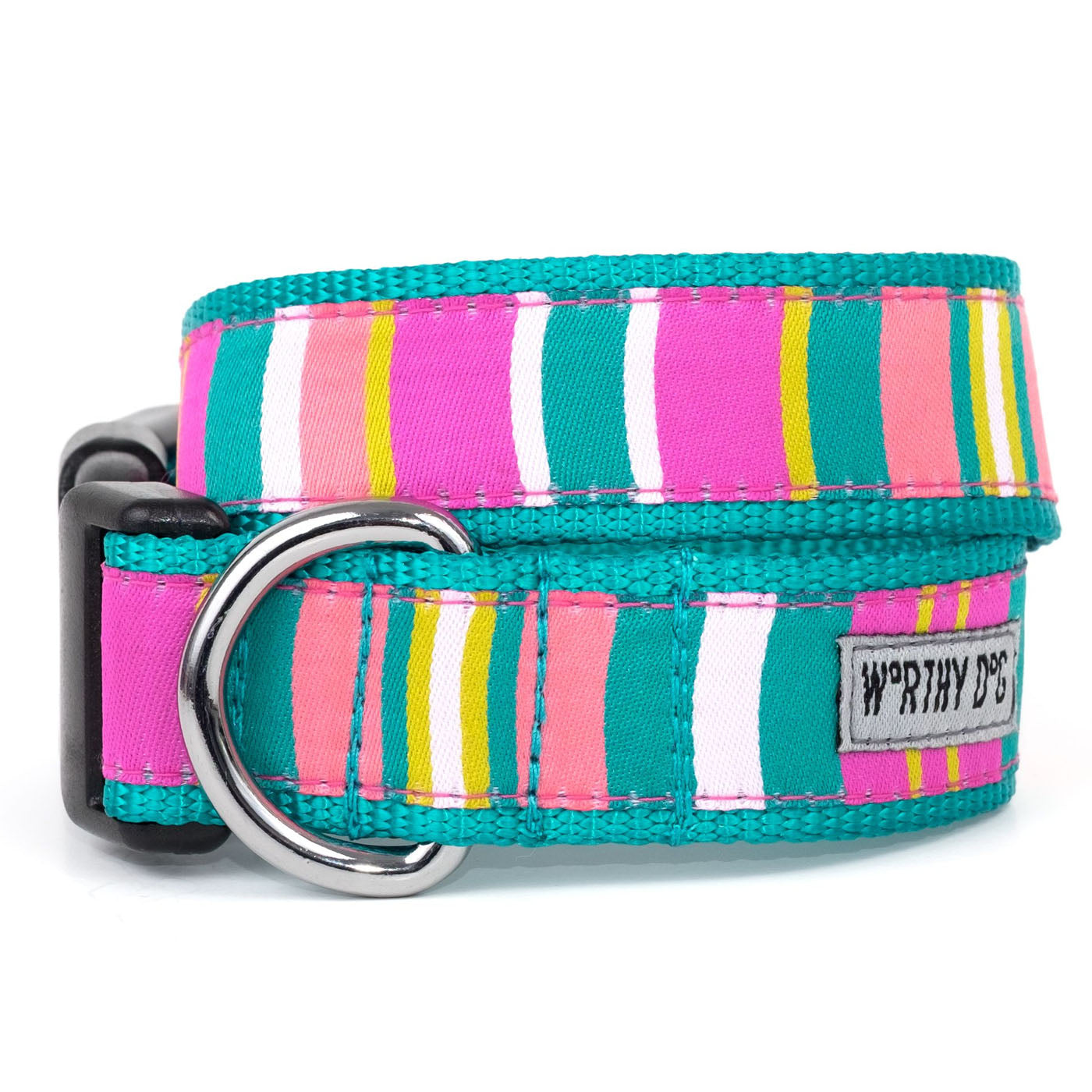bright teal and pink striped fabric dog collar