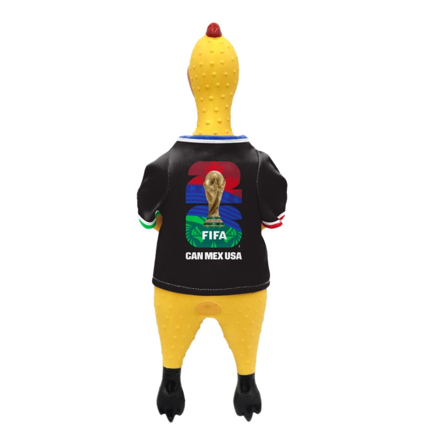 Yellow inflatable chicken with a black jersey featuring FIFA World Cup graphics on a white background