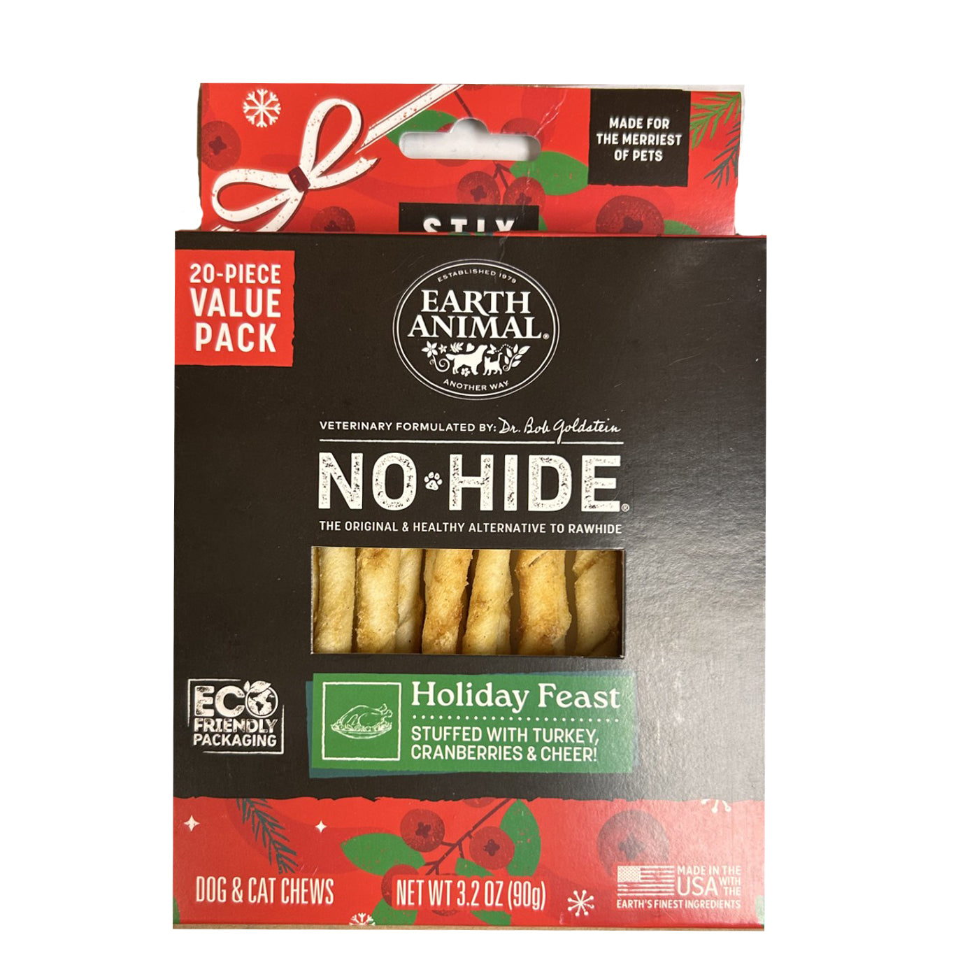 Earth Animal No-Hide Holiday Feast dog chews packaging on a white background