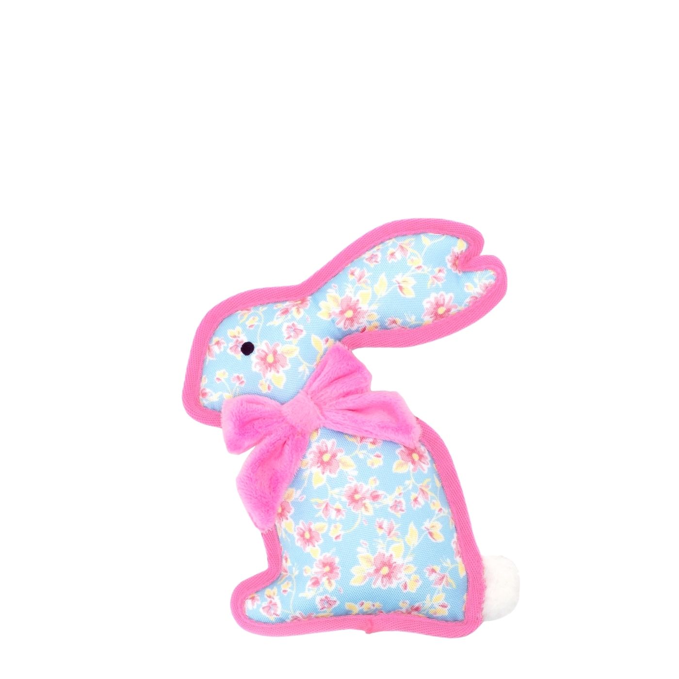 Floral-patterned bunny toy with a pink bow on a white background
