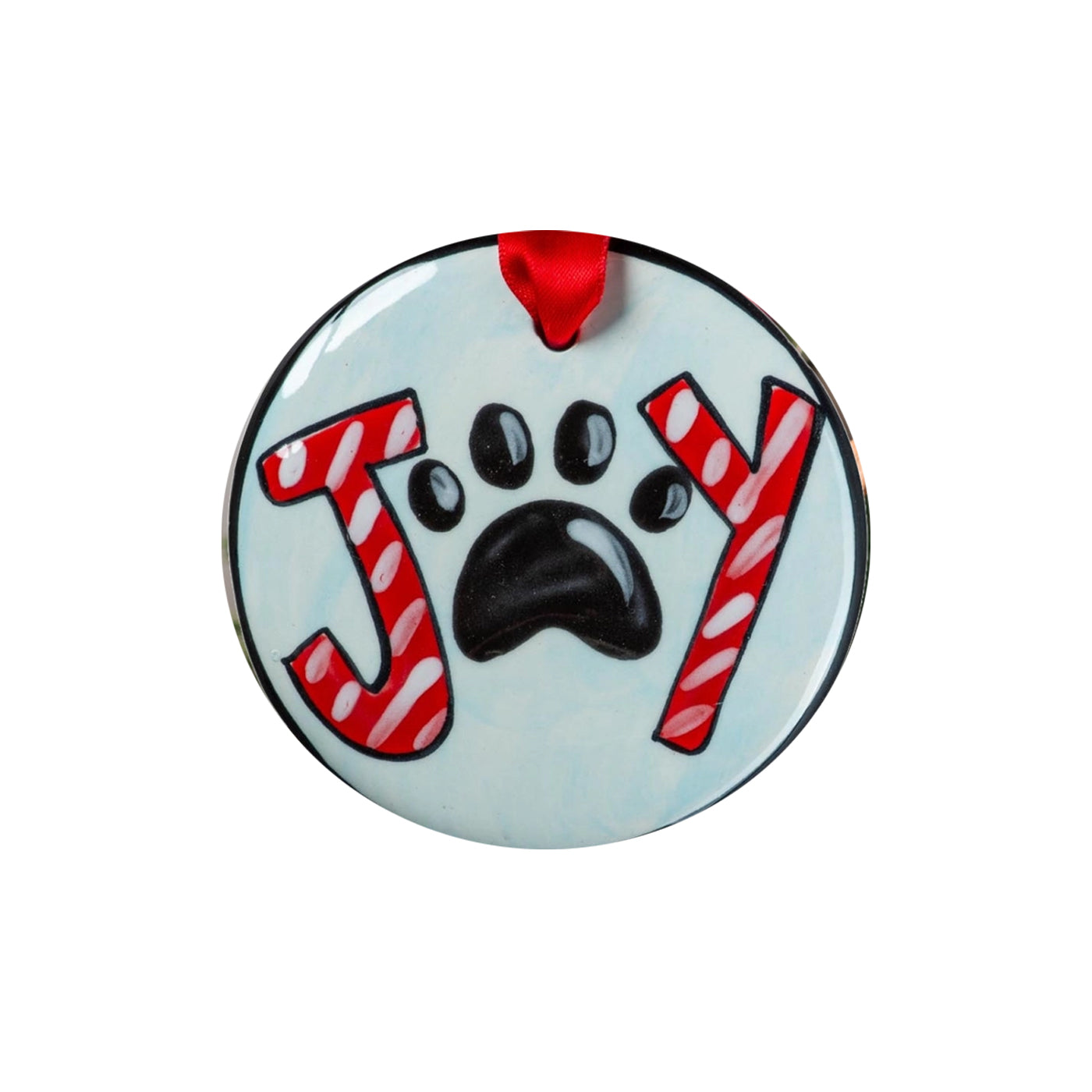 Decorative ornament with 'Joy' and a paw print design on a light blue background