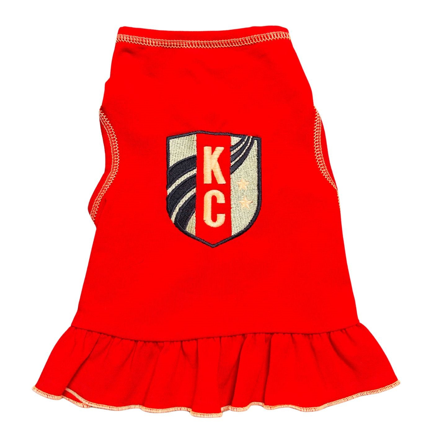 Red pet dress with aKC logo on a white background