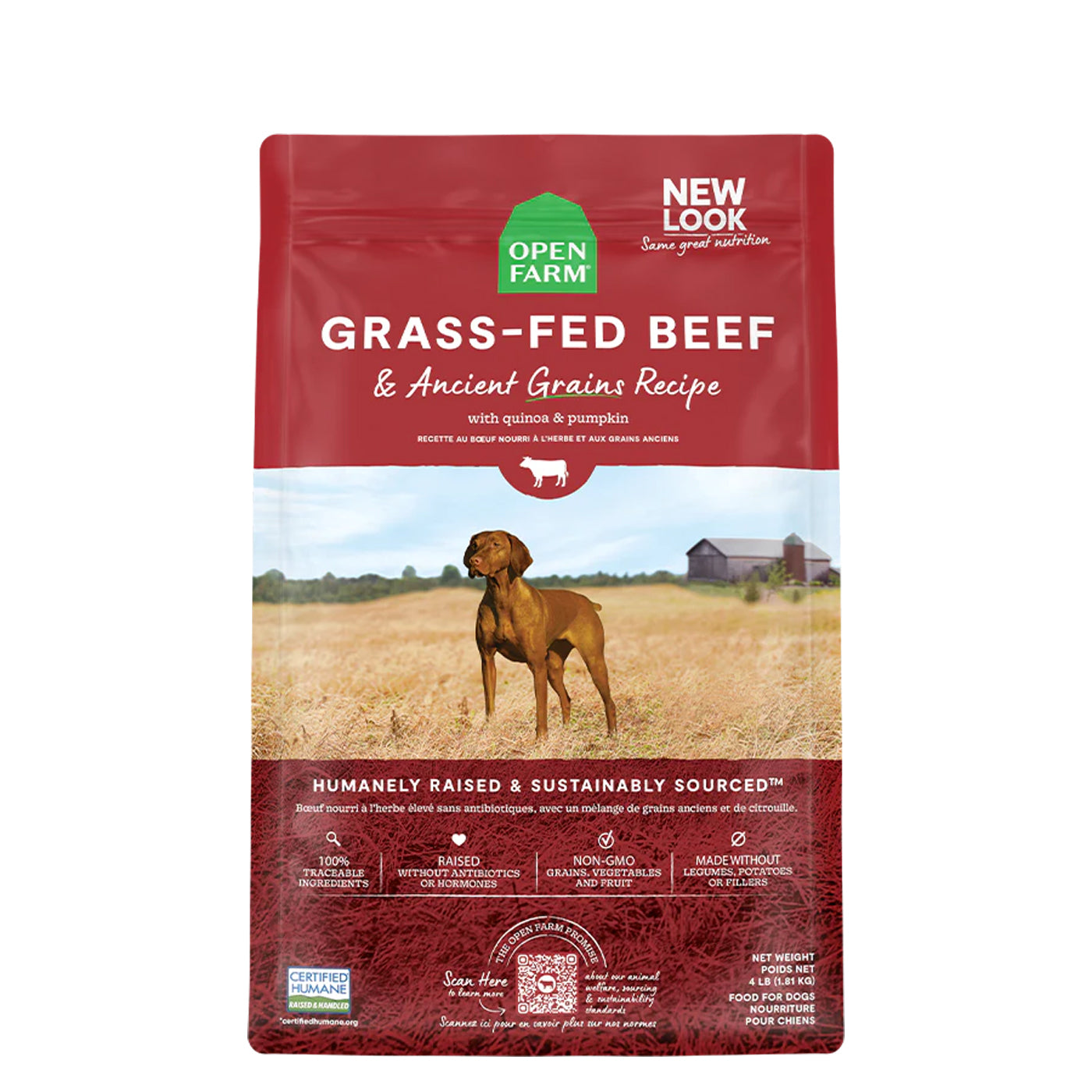 Open Farm Grass Fed Beef and Ancient Grains Recipe dog food. 4 lb bag