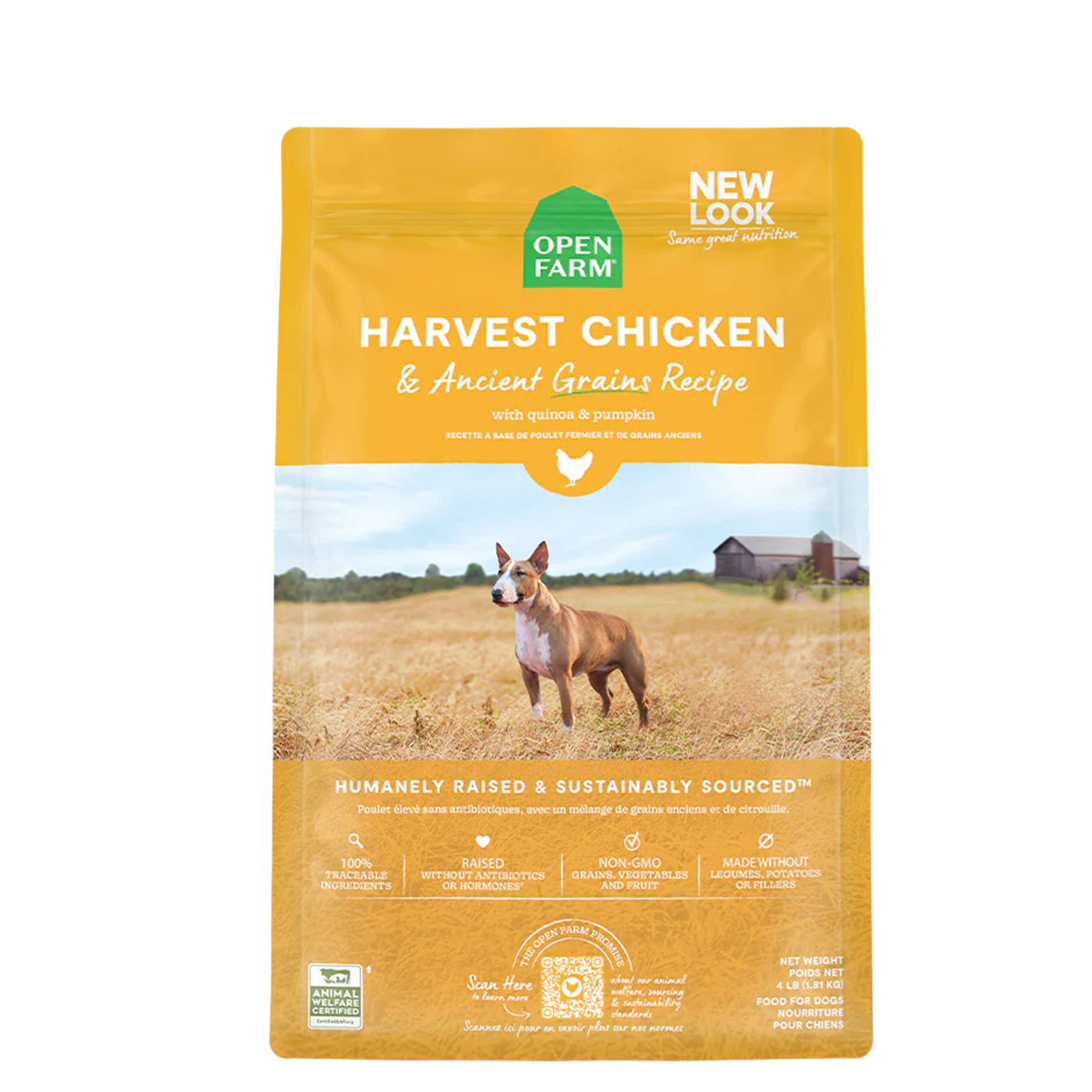Open Farm Harvest Chicken and ancient grains recipe with quinoa & pumpkin. 4 lb bag