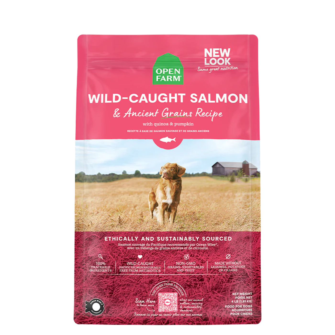 Open Farm dog kibble wild caught salmon and ancient grains recipe with quinoa and pumpkin. 4 lb bag