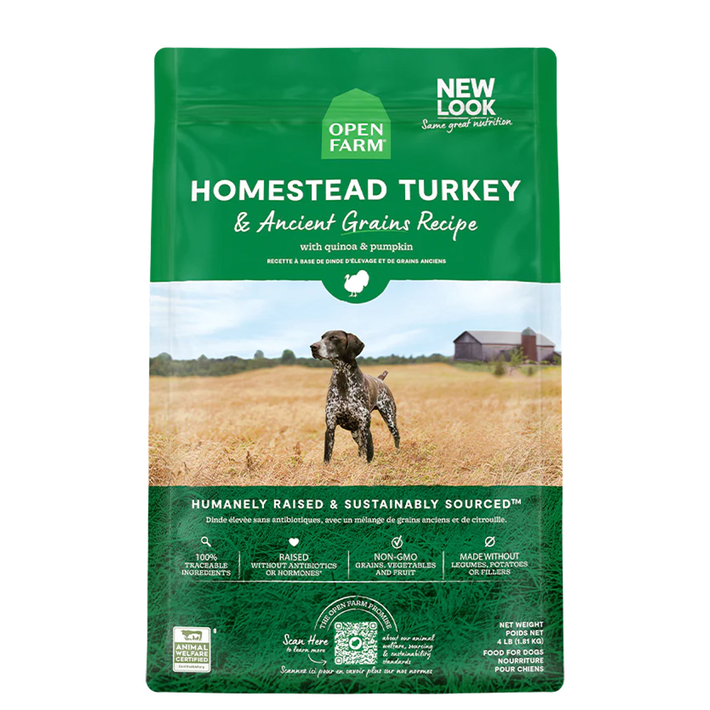 Open Farms dog kibble Homestead Turkey and ancient grains recipe with quinoa and pumpkin. 4 lb bag