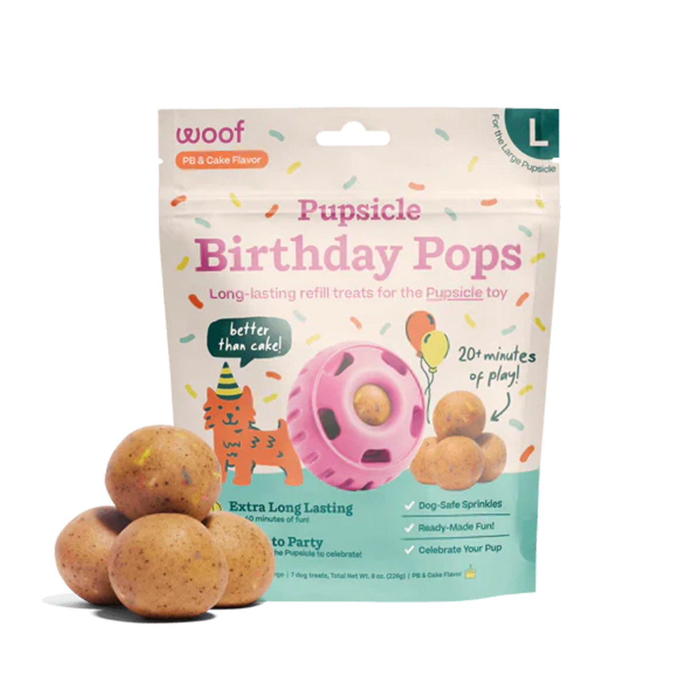 Woof Pupsicle Birthday Pops in Peanut Butter and Cake Flavor for size Large Woof balls