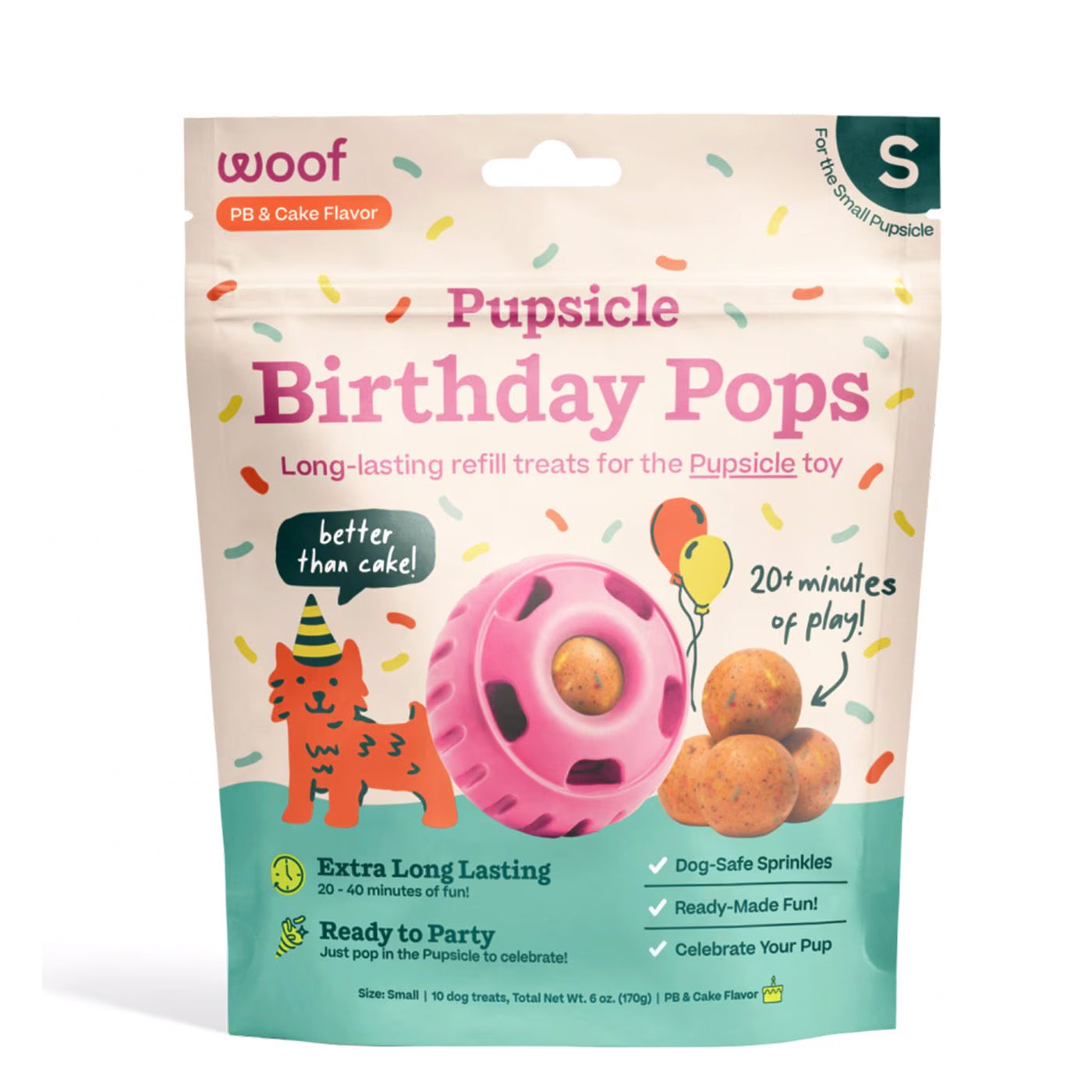 Woof Pupsicle Birthday Pops in Peanut Butter and Cake Flavor for size small Woof balls