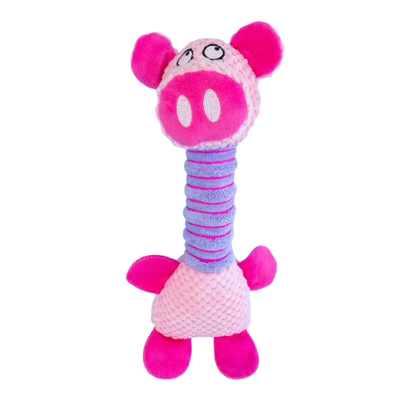 A pink and purple knitted giraffe dog toy with a textured body and a striped neck, shown against a plain white background.