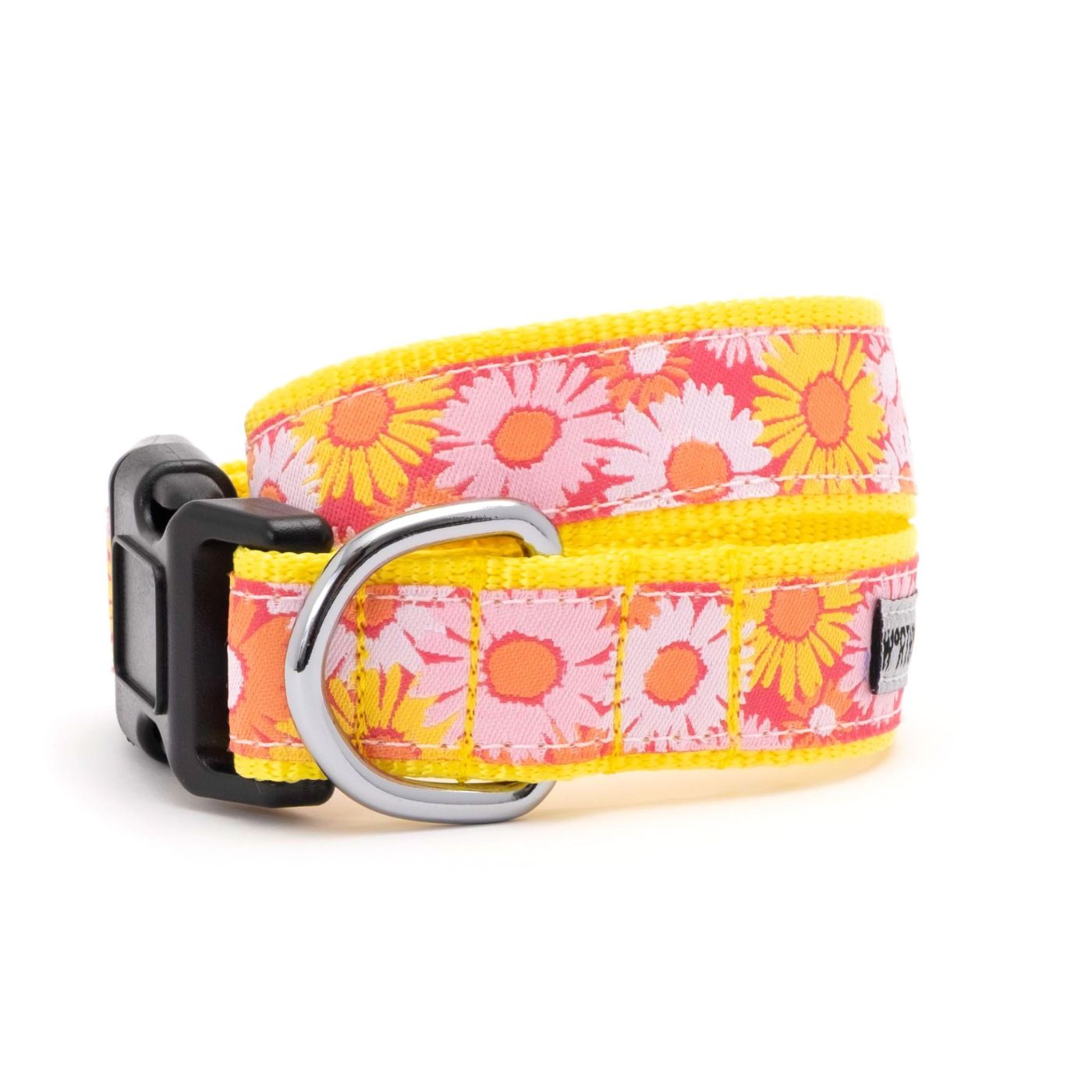 Floral patterned dog collar with a yellow border on a white background