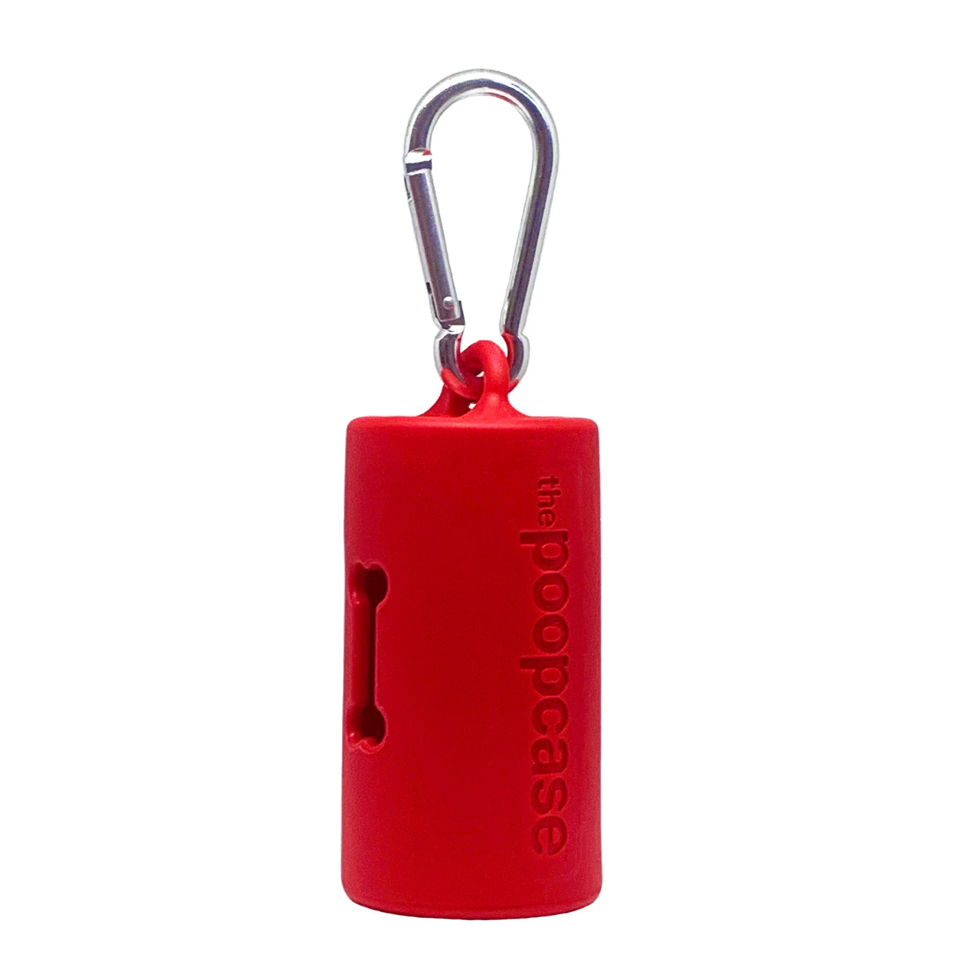 A red cylindrical silicone keychain case with a silver carabiner clip, featuring the brand name 'the popcase' embossed vertically on the side.