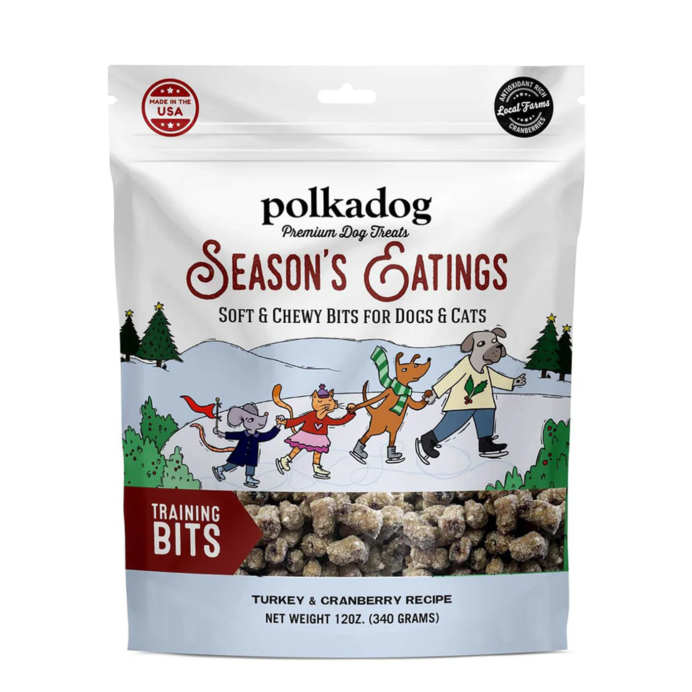 Polkadog Bakery Season's Eatings turkey and cranberry flavored dog training bites in festive packaging