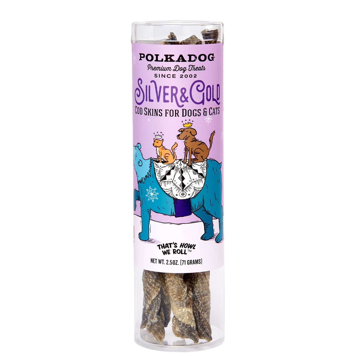 Polka Dog Bakery Dog and cat dried cod skin treats in festive holiday packaging