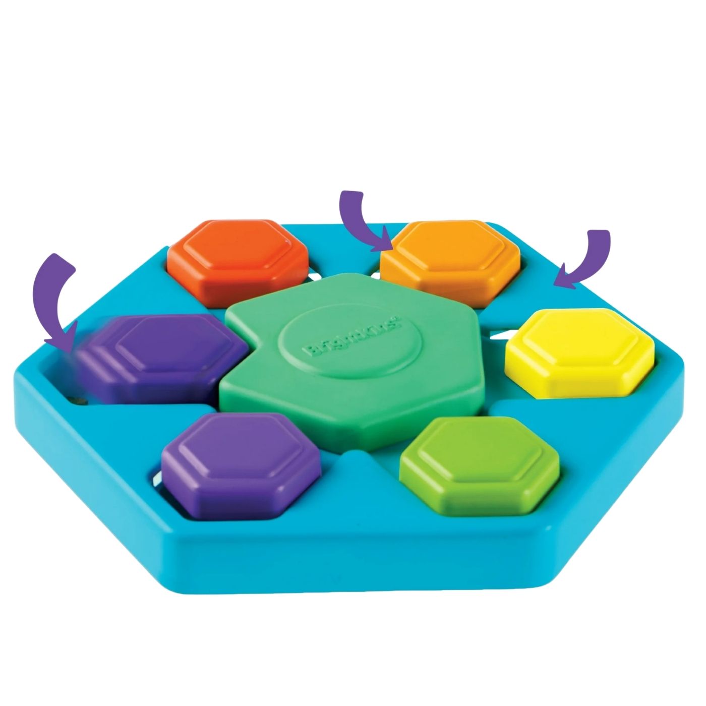 Colorful toy puzzle with geometric shapes on a blue base