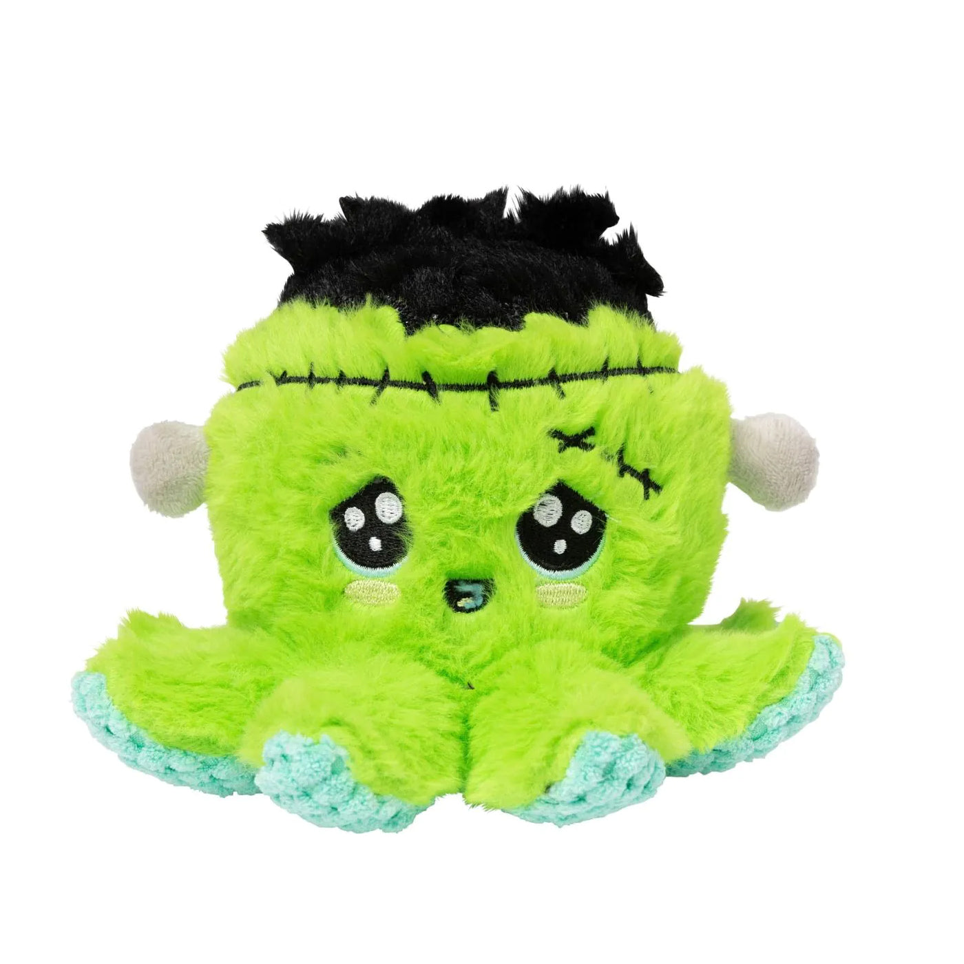 Plush and fuzzy lime green octopus dog toy dressed like Frankenstein