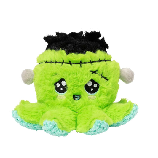 Plush and fuzzy lime green octopus dog toy dressed like Frankenstein