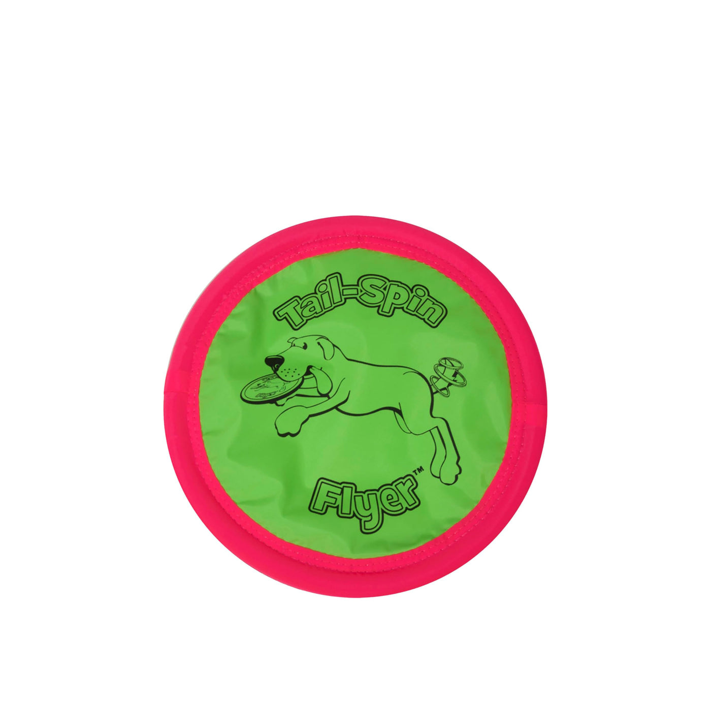 Green and pink dog toy with 'Tail Spin Flyer' branding on a white background