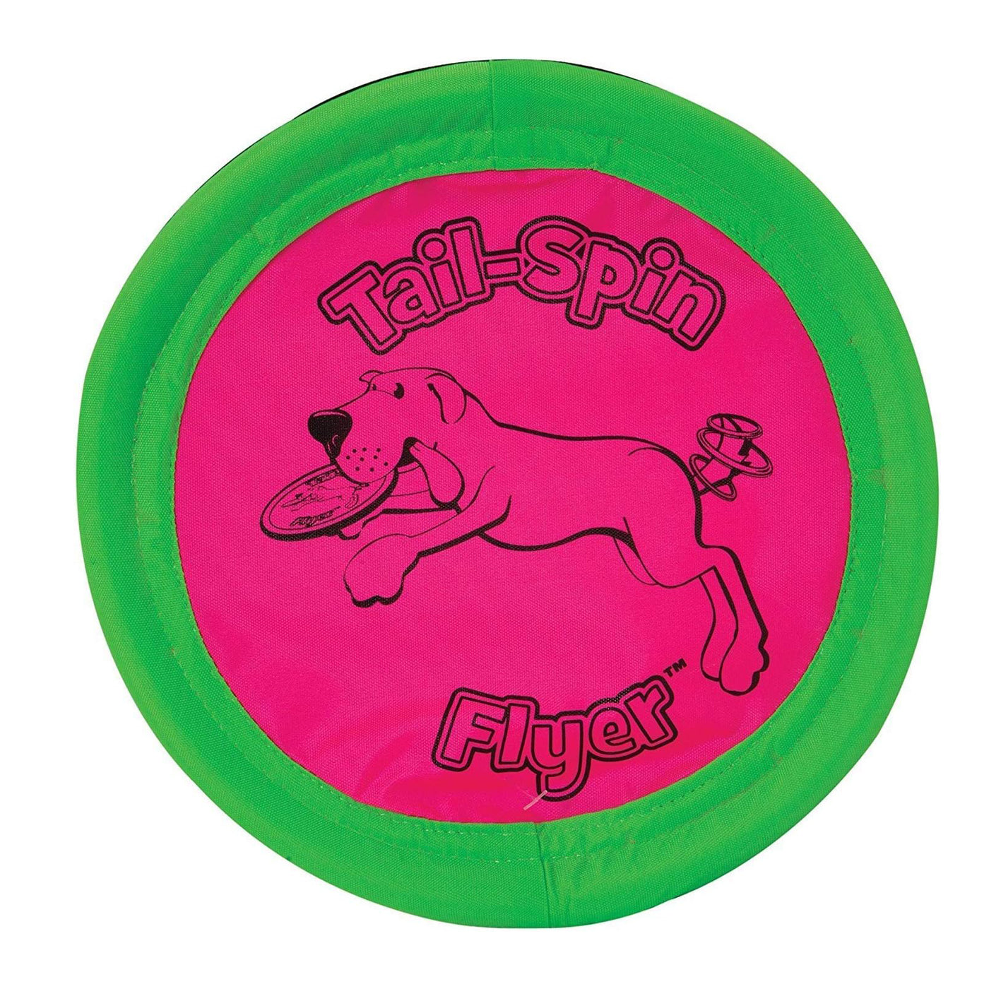 Pink and green frisbee with 'Tail-Spin Flyer' text and dog illustration on a white background