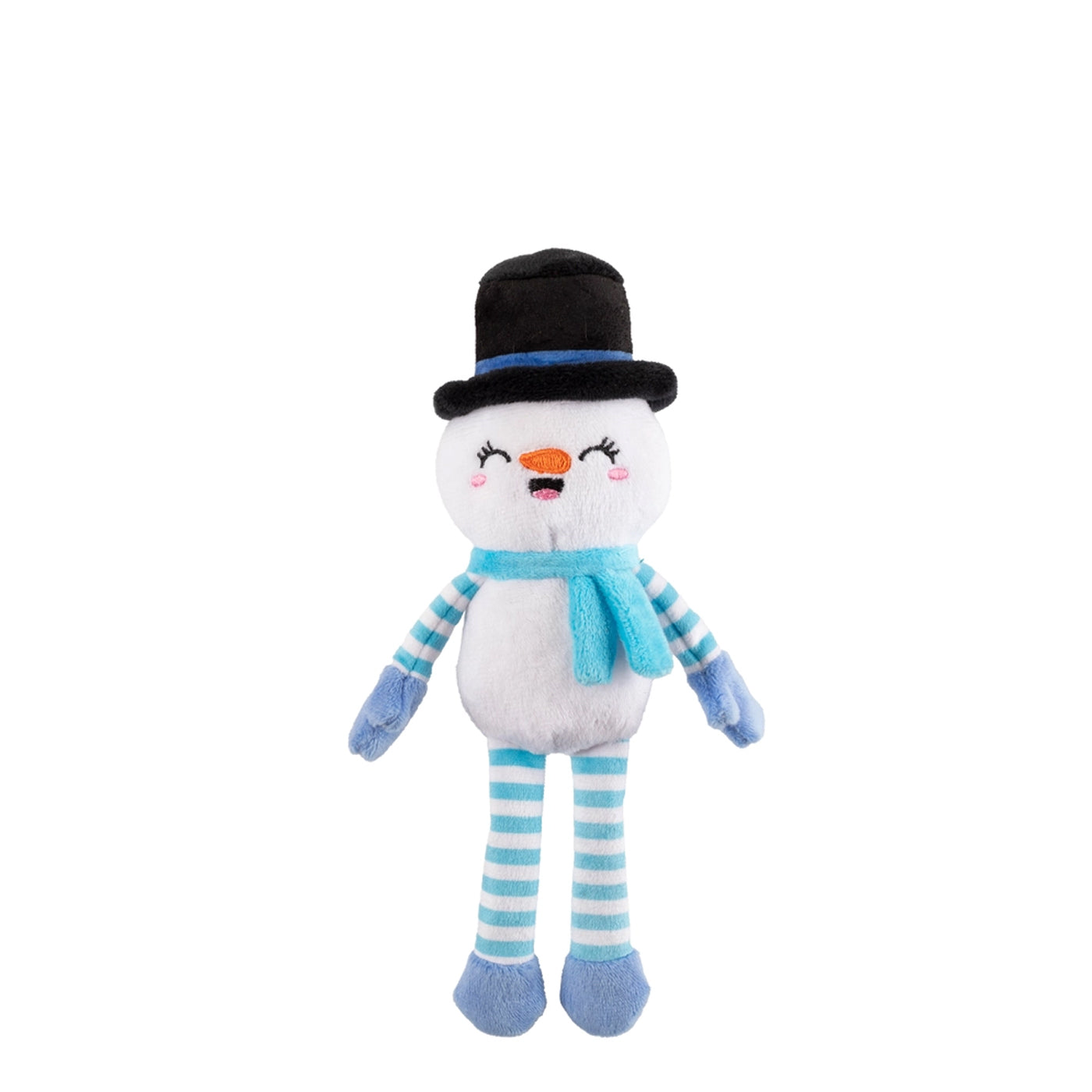 Plush snowman toy with a black top hat, blue scarf, and striped pants on a white background