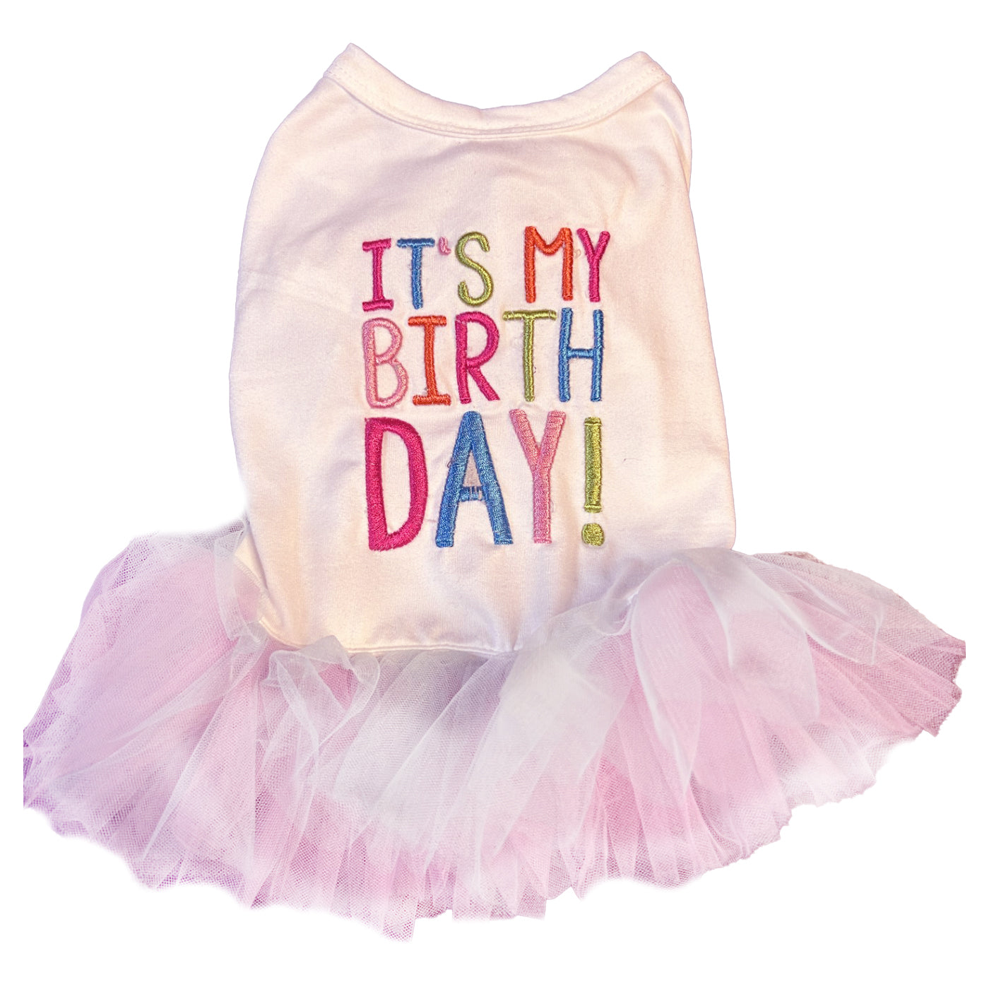Birthday tutu dress for pets with "It's My Birthday" embroidered in multicolors