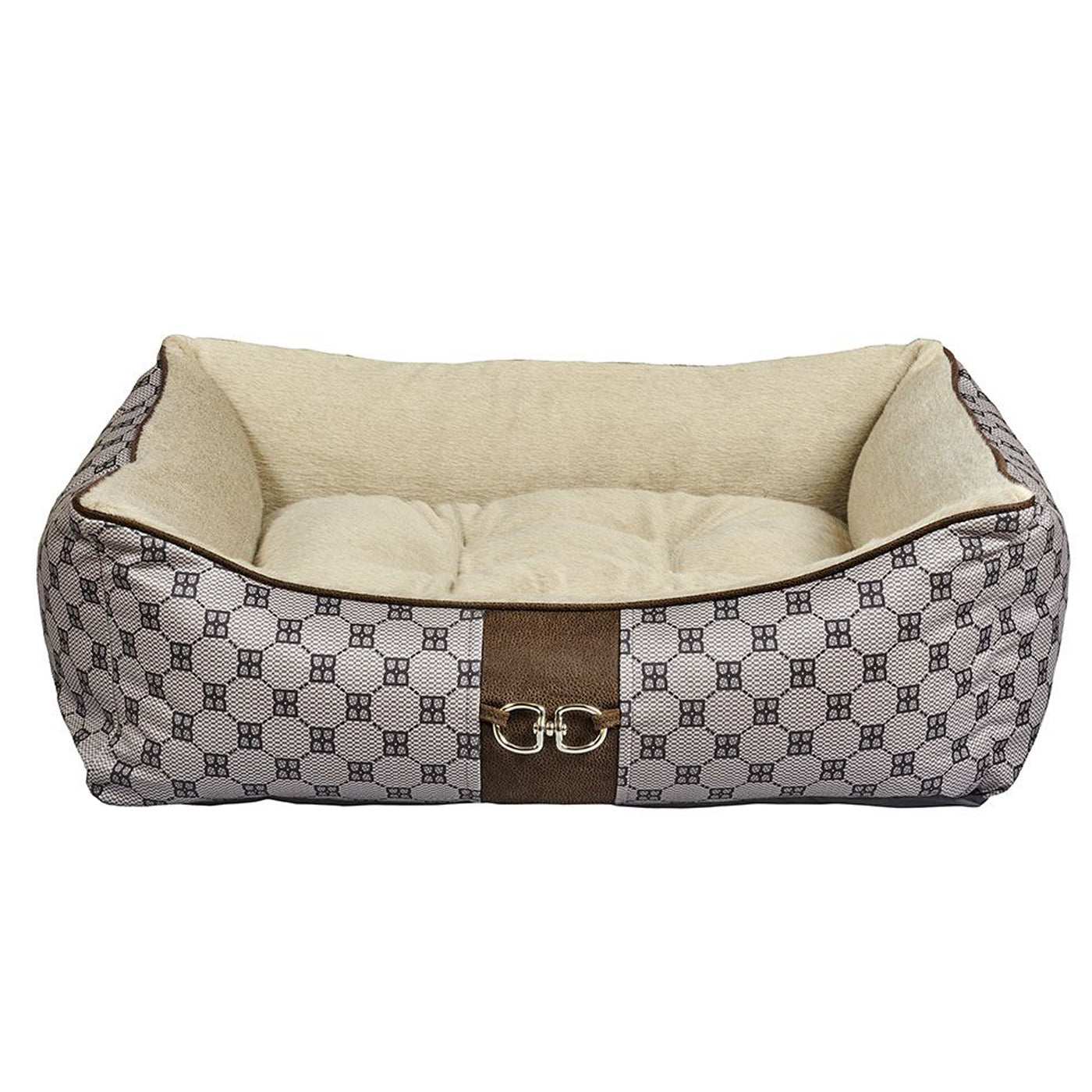 Bowsers Pet Bed in Coco print with front scoop and silver clasp