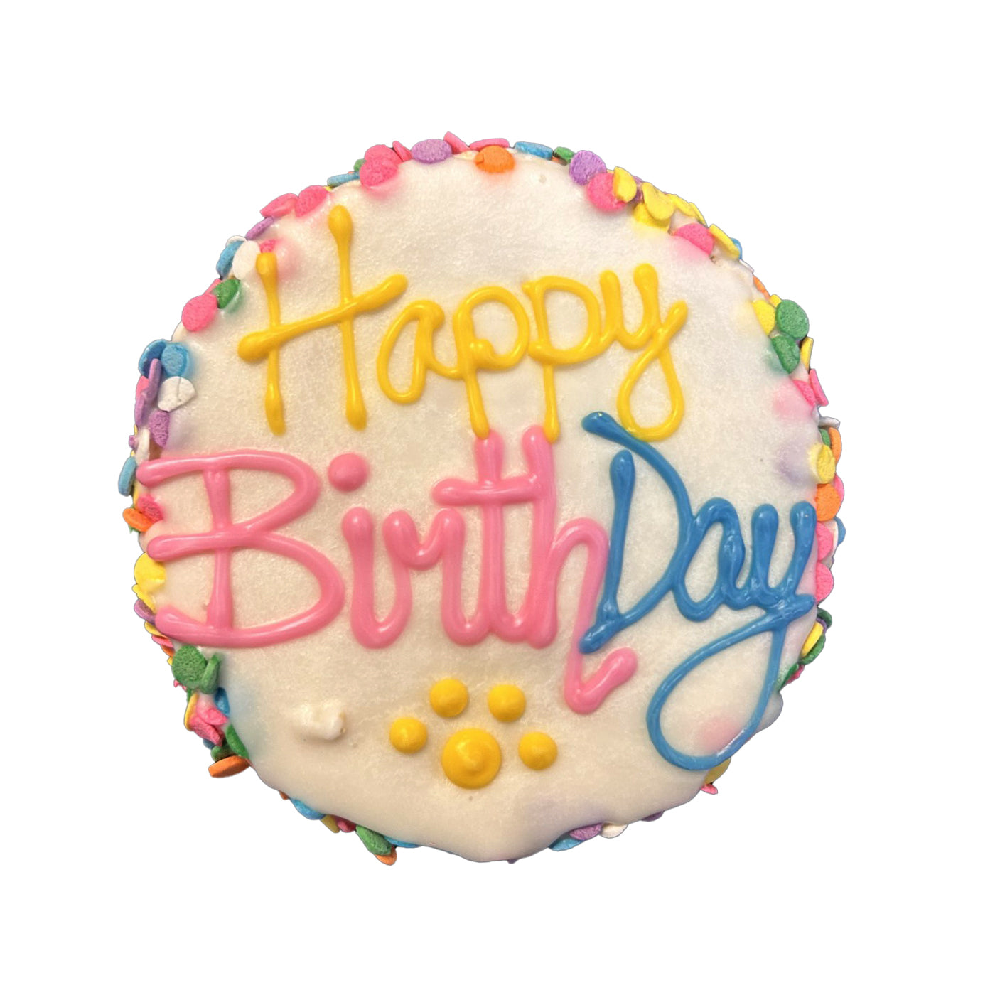 rice cake round dog birthday cake with yogurt icing and sprinkles