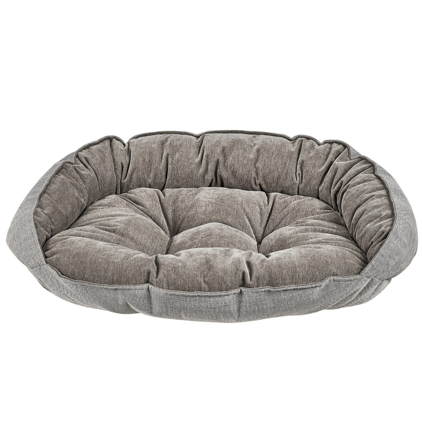 dog bed with bolster on 3 sides, lower front for easy entry