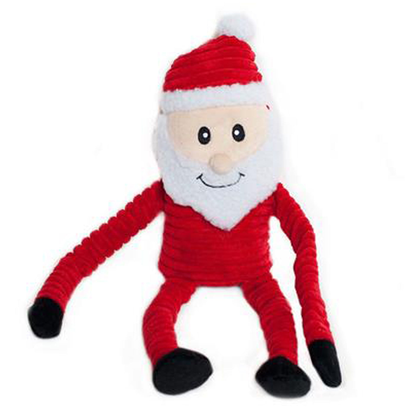 A plush toy resembling a Santa Claus figure with a red outfit and white beard, designed for pets.