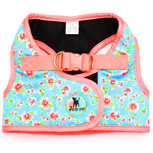step in pink and teal floral harness for dogs