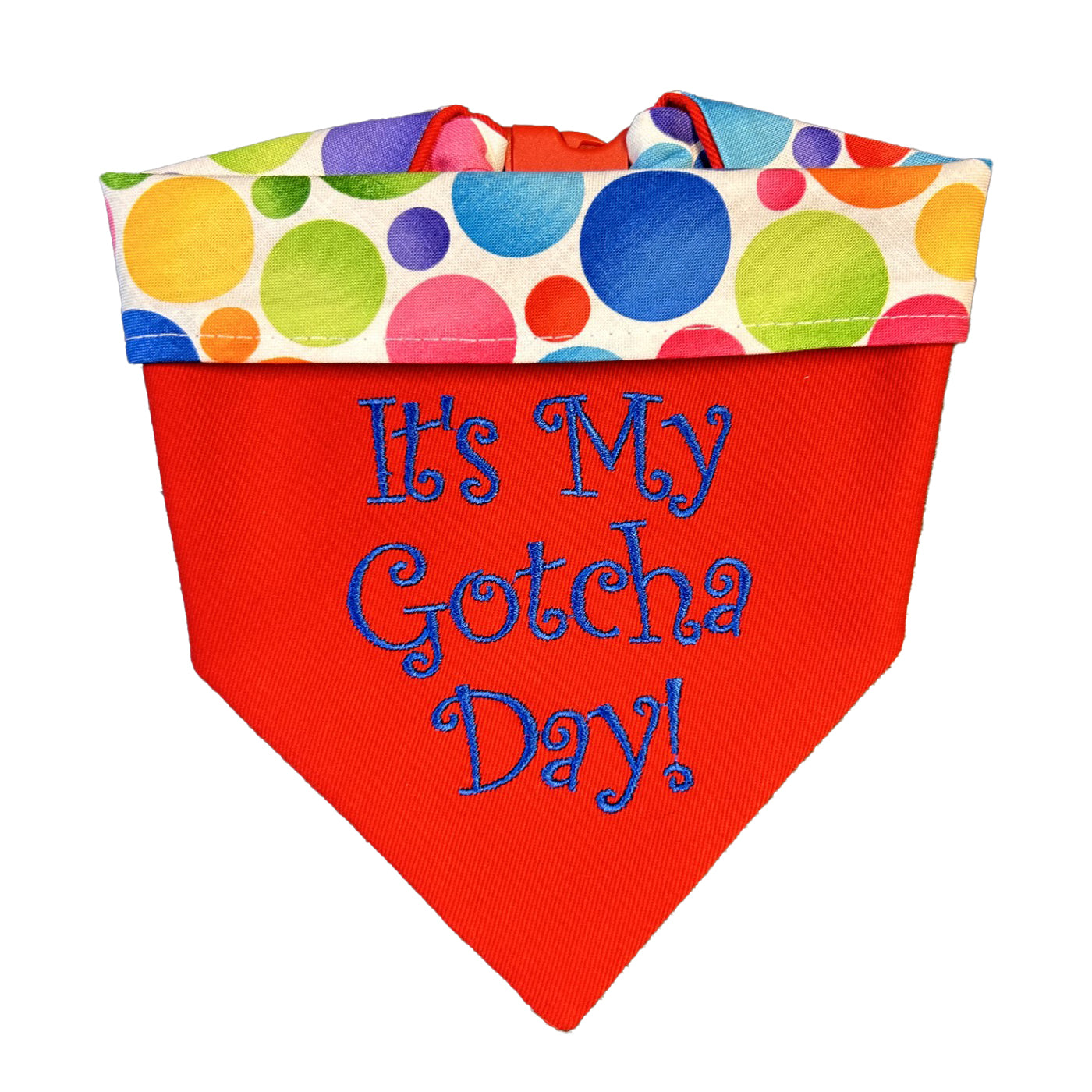 Red "Gotcha Day" bandana in various sizes.