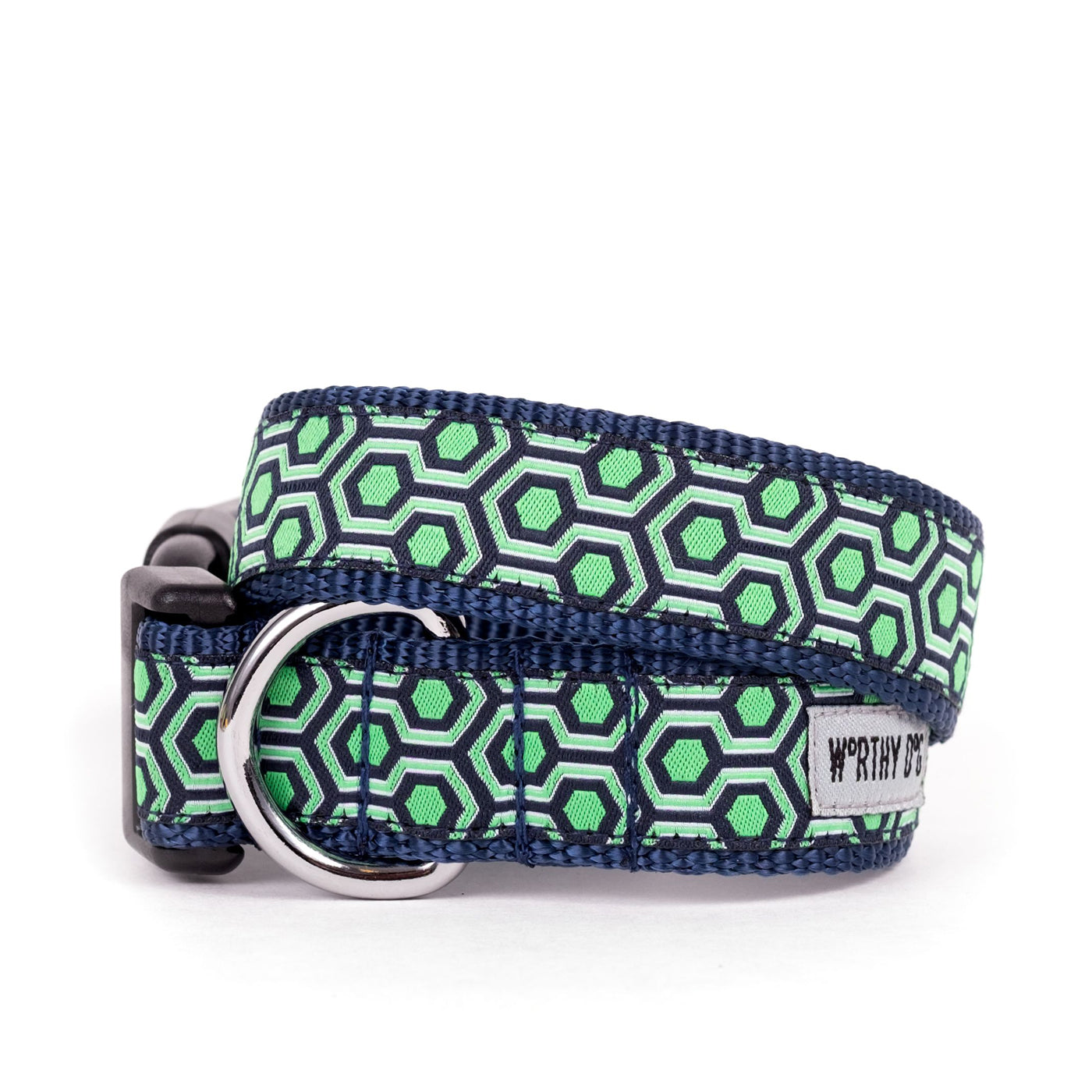 Blue and green hexagon dog collar.