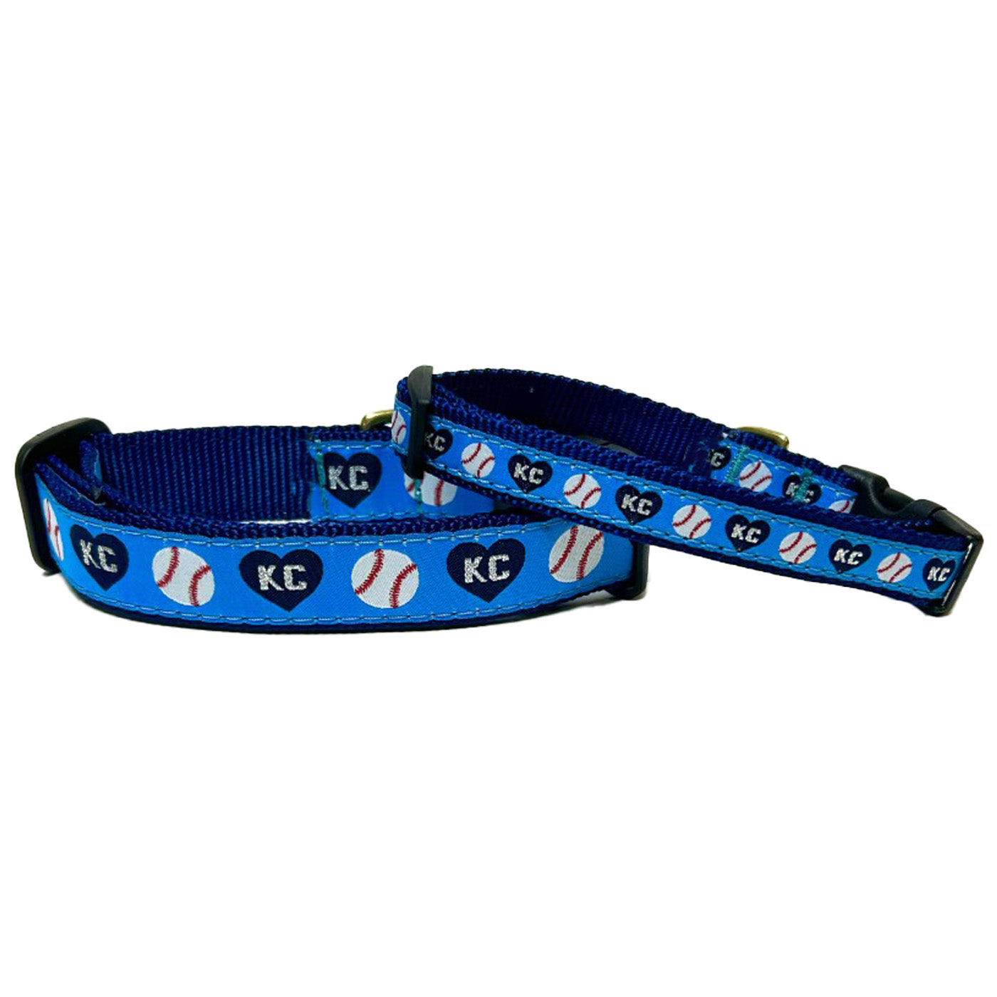 Blue KC Royals collar with baseballs and KC hearts on it. Various sizes