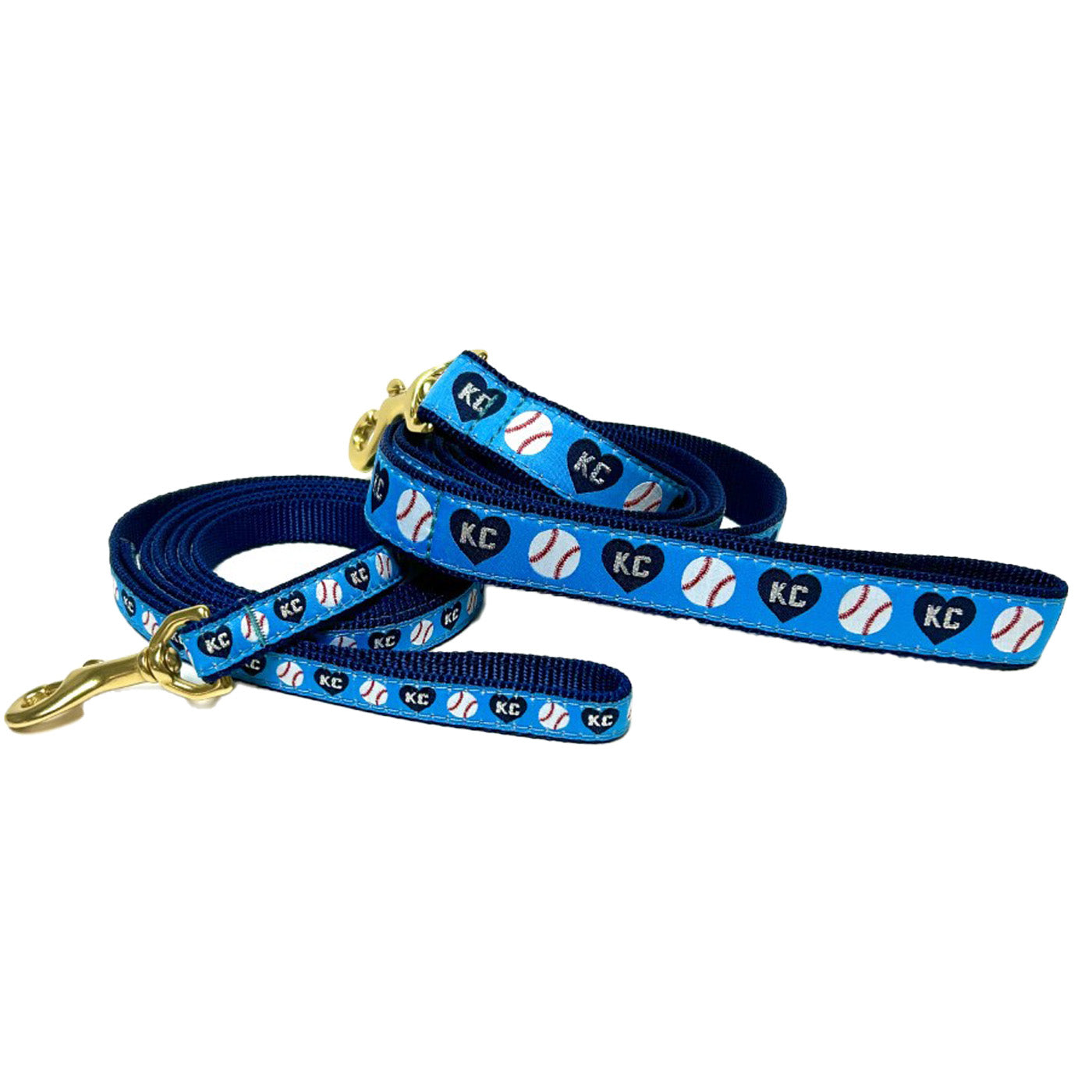KC Royals leash. Blue with baseballs and KC Heart.