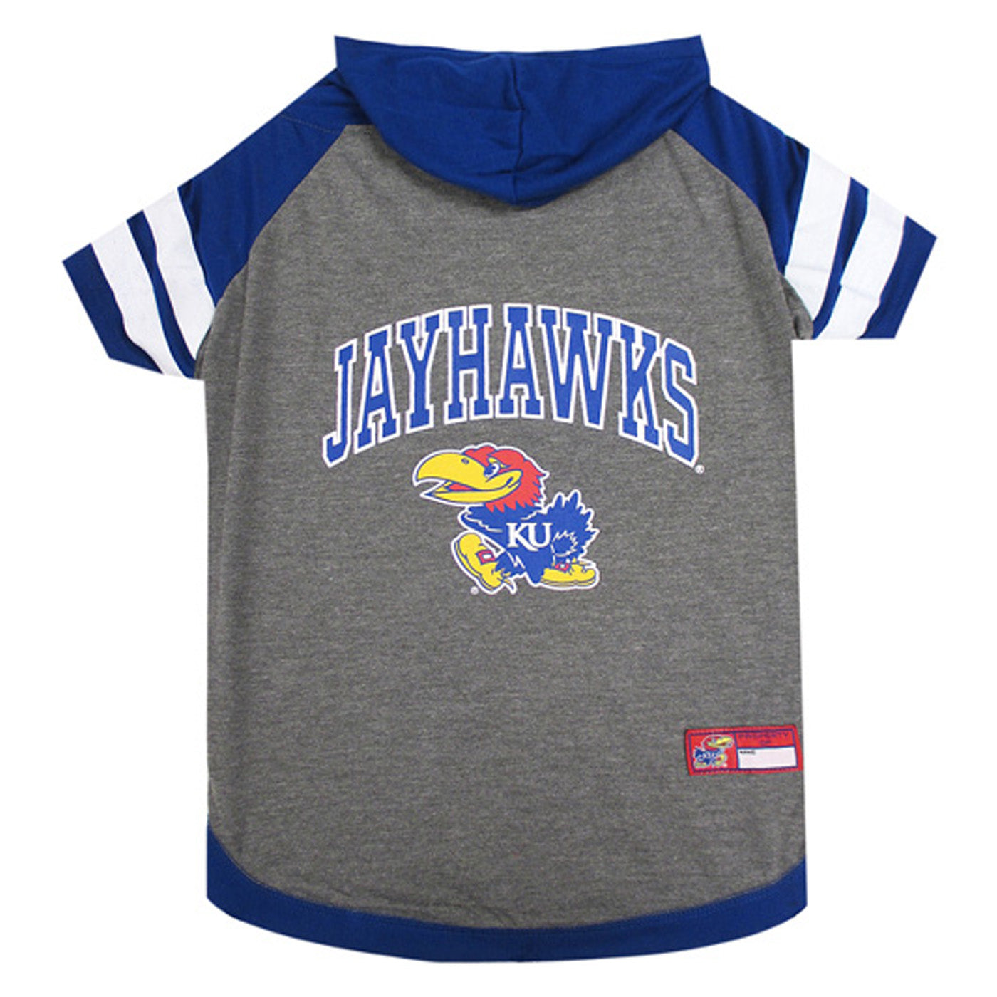 KU Jayhawks hoodie. Gray with blue sleeves and hood . Jayhawk on back.