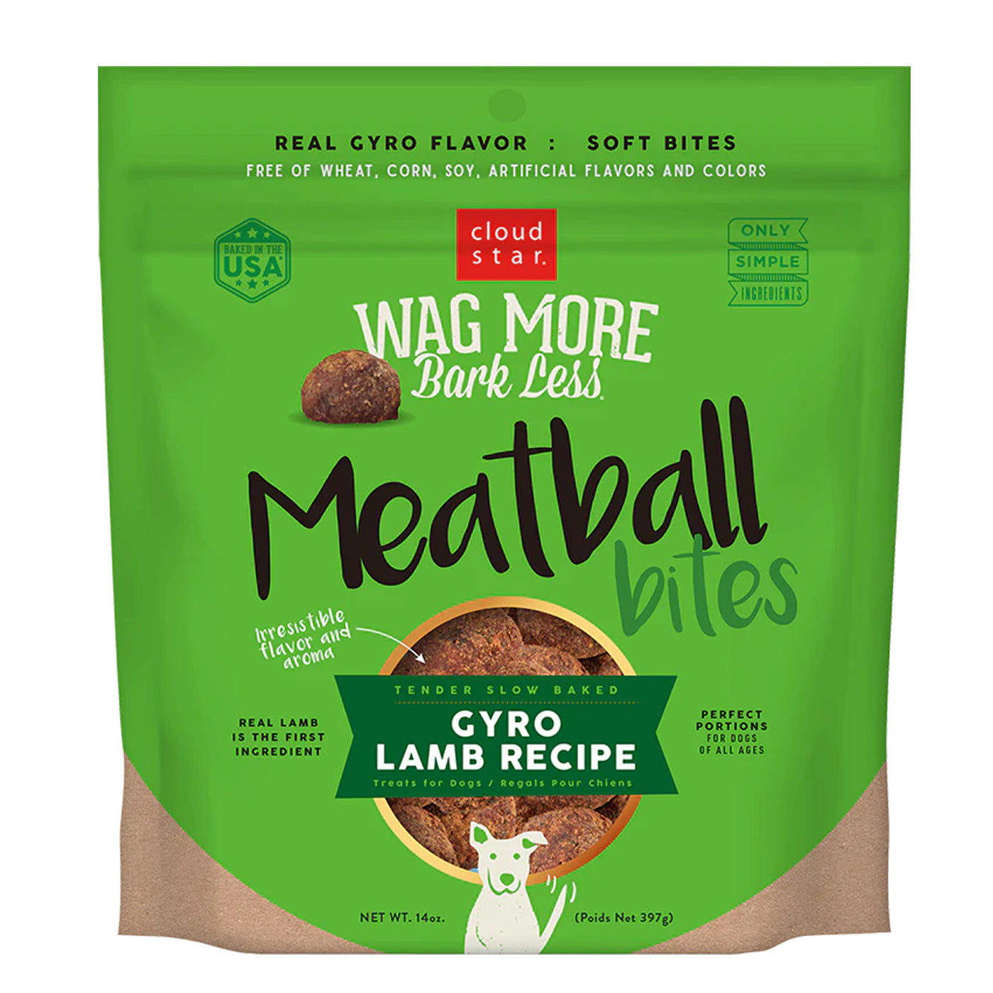 Wag More meatball bites for dogs. Gyro Lamb. 14 oz bag