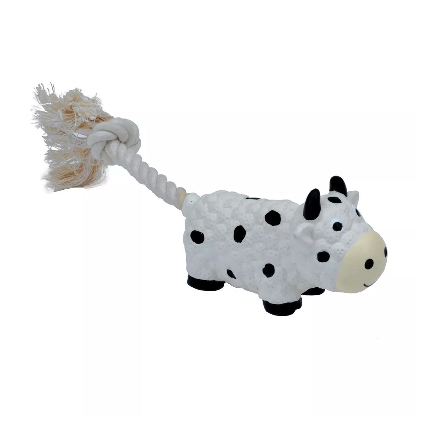 Small latex cow toy with squeaker and tug rope tail.