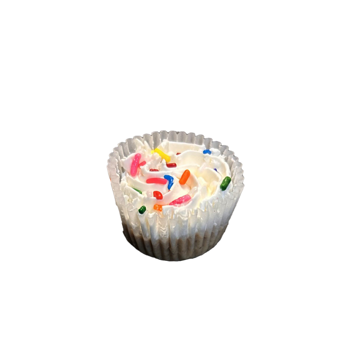 petite birthday cupcake with peanut butter base and yogurt frosting.