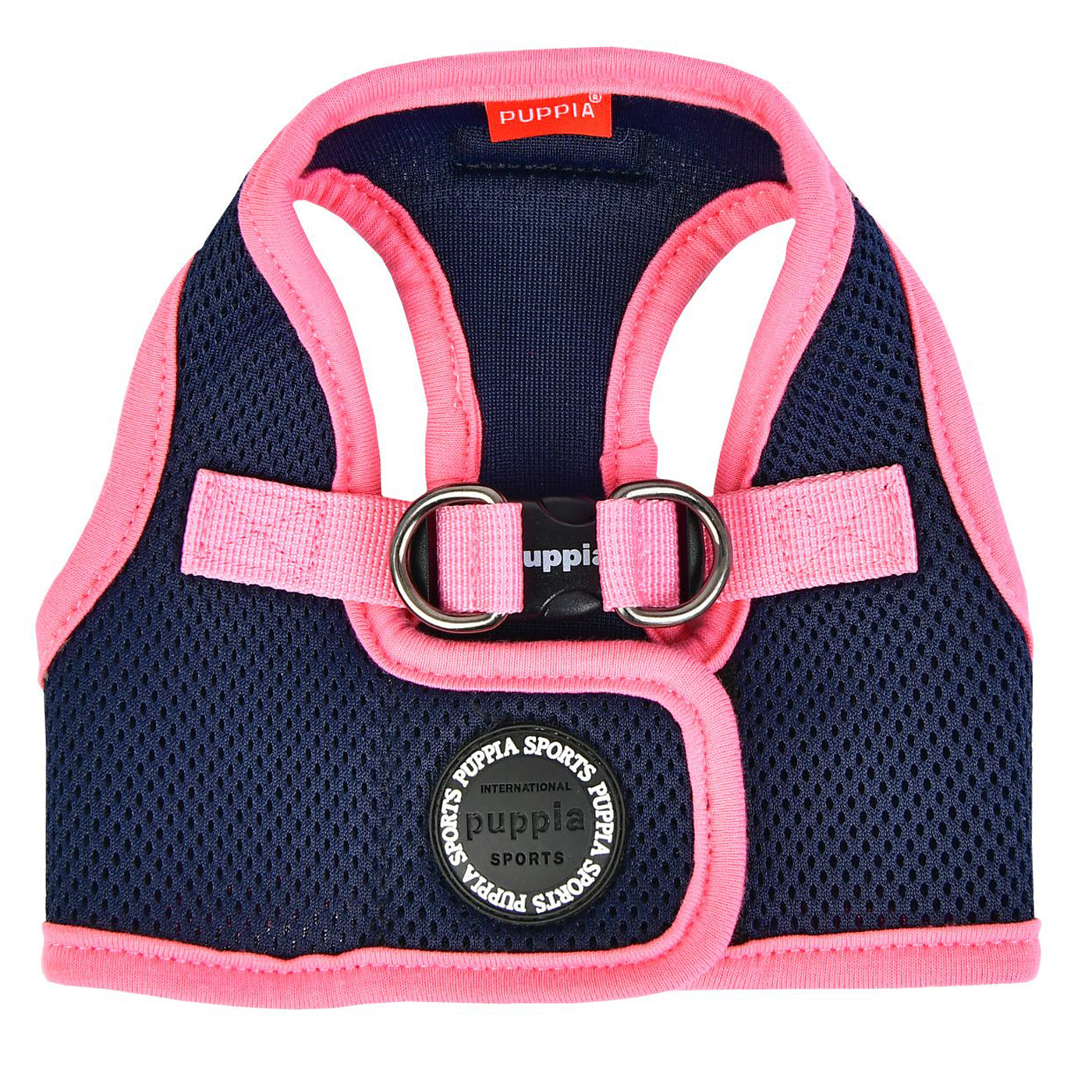 Navy harness with pink trim.