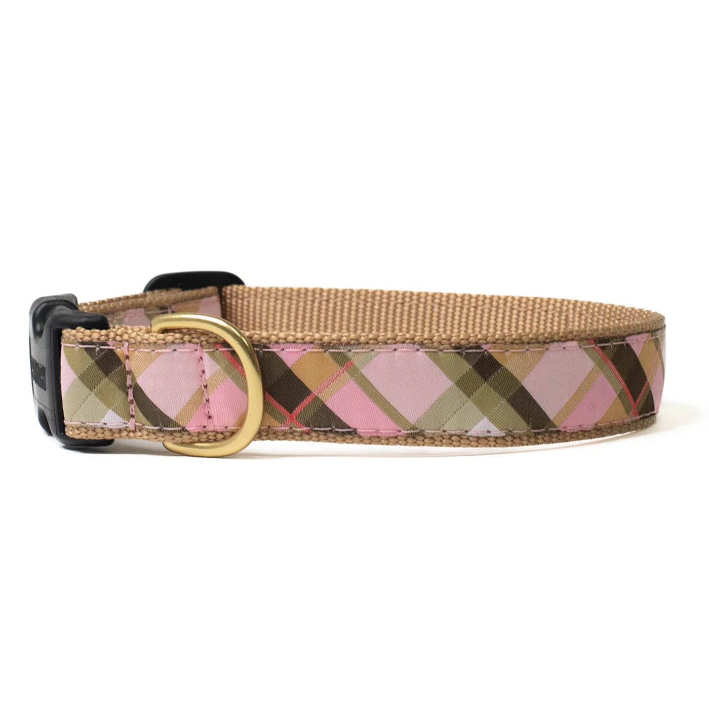Pink and green plaid nylon dog collar